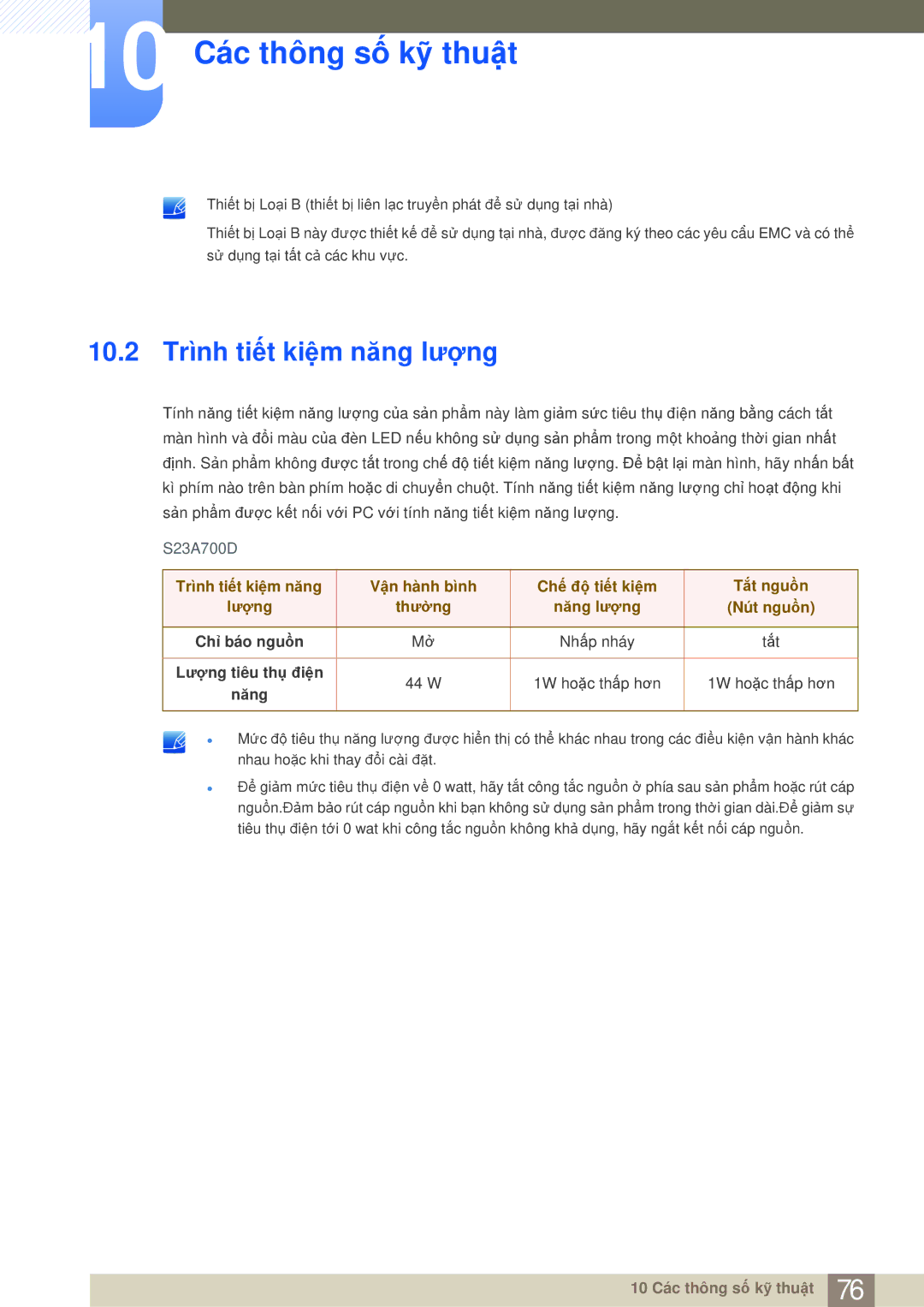 Samsung LS23A700DS/ZA, LS23A700DSL/XV manual 10.2 Trình tiết kiệm năng lượng 