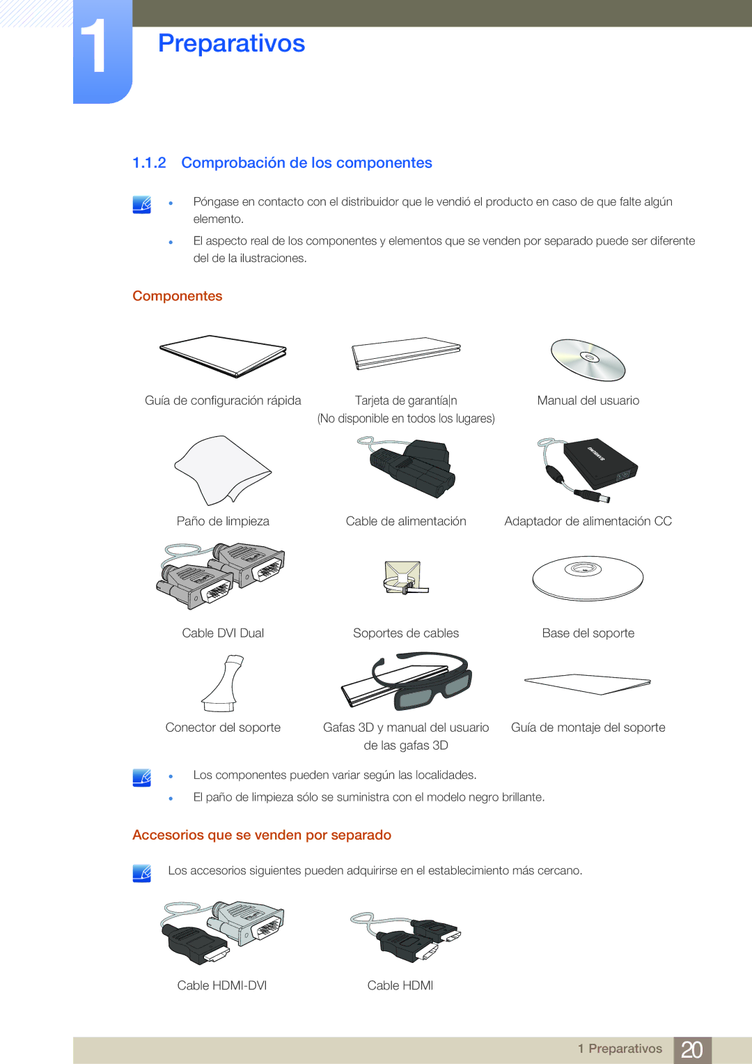 Samsung LS23A700DS/ZA manual Comprobación de los componentes, Componentes, Accesorios que se venden por separado 