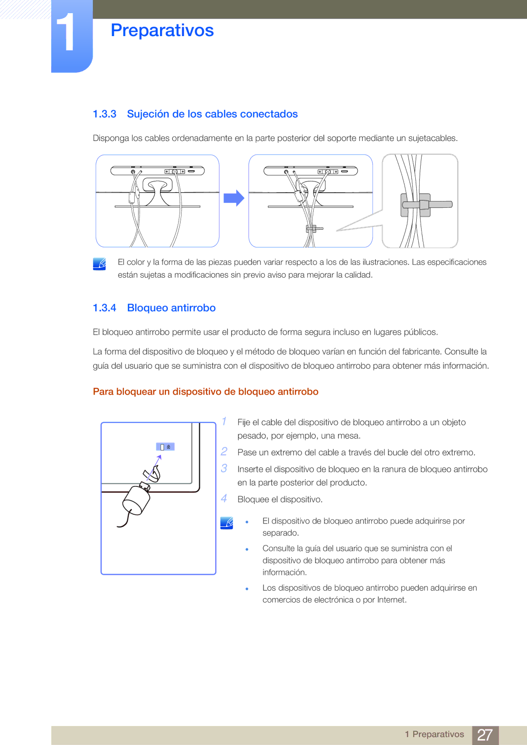 Samsung LS23A700DS/ZA manual Sujeción de los cables conectados, Bloqueo antirrobo 