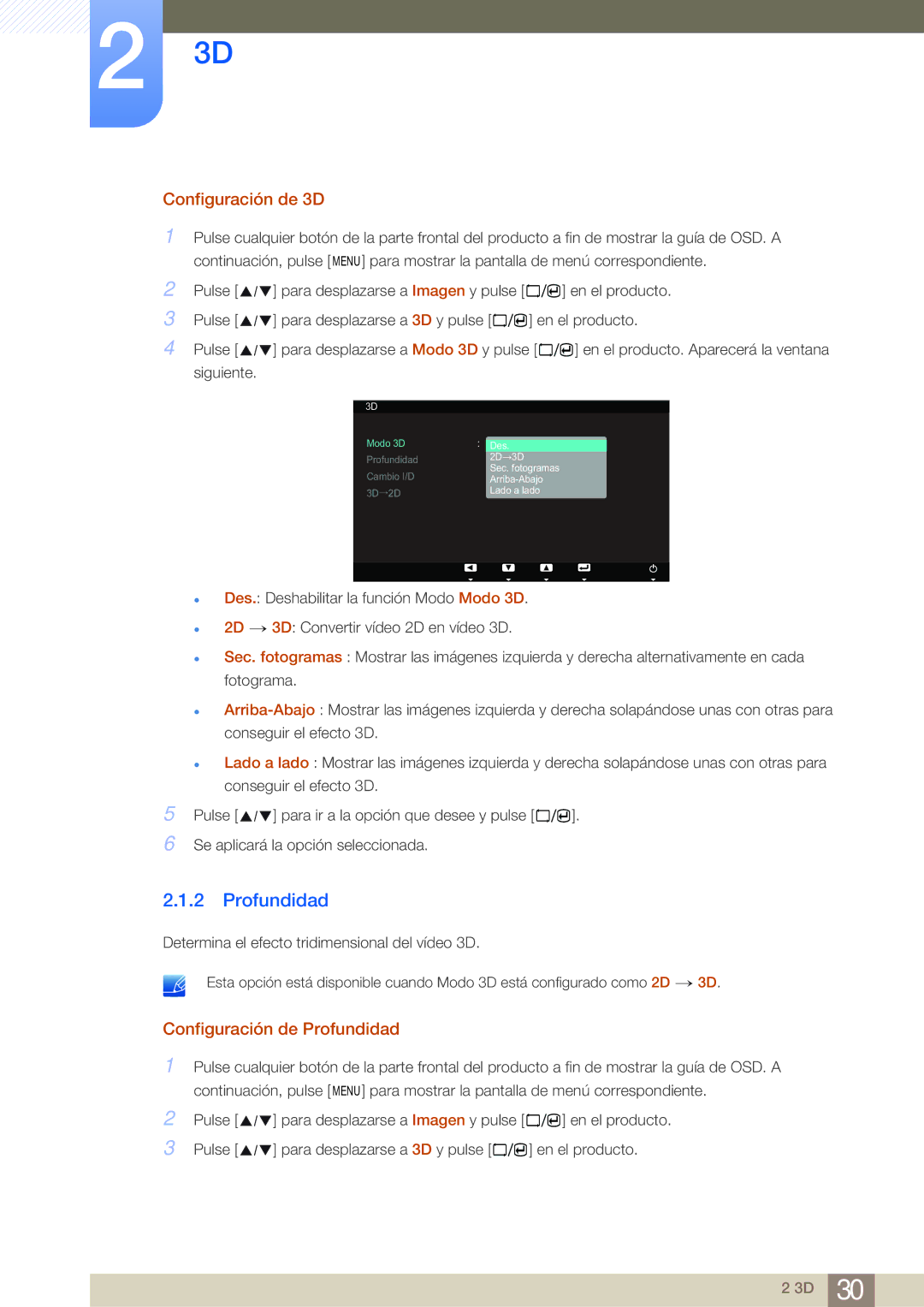 Samsung LS23A700DS/ZA manual Configuración de 3D, Configuración de Profundidad 