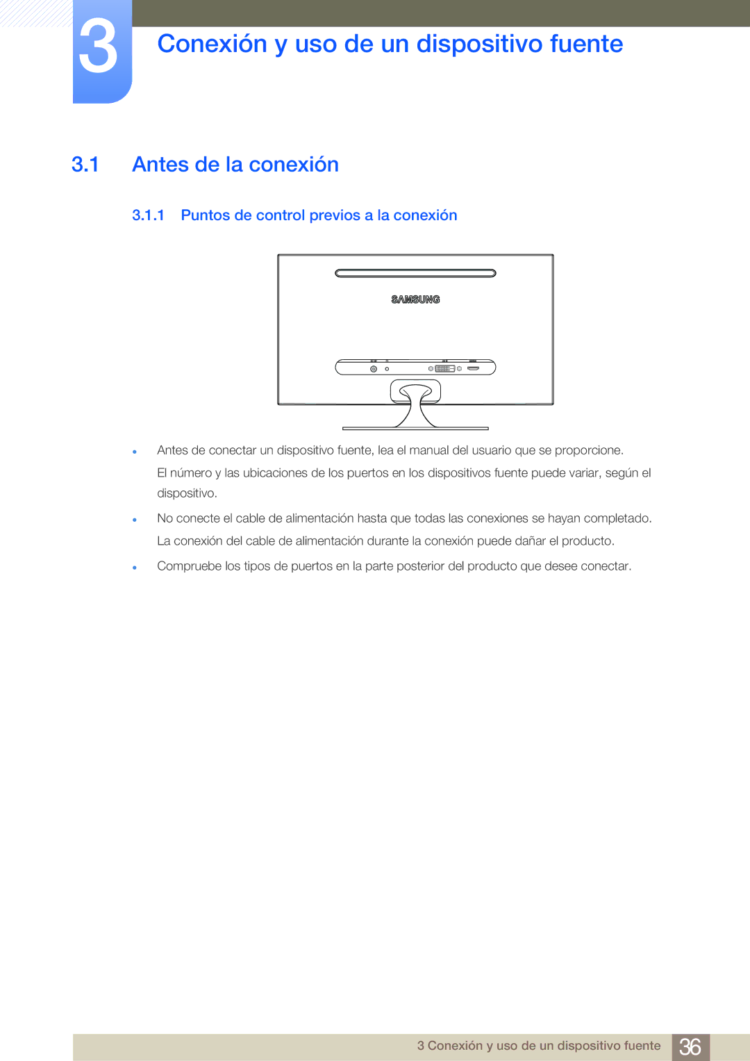 Samsung LS23A700DS/ZA manual Conexión y uso de un dispositivo fuente, Antes de la conexión 