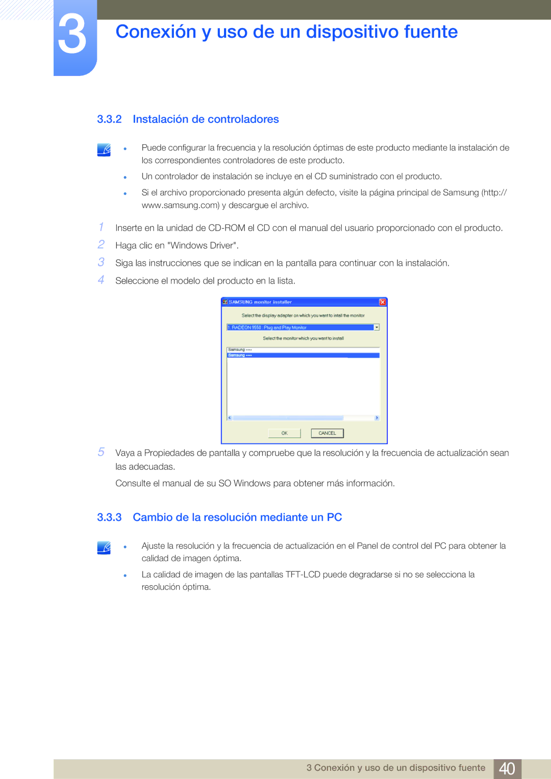 Samsung LS23A700DS/ZA manual Instalación de controladores, Cambio de la resolución mediante un PC 