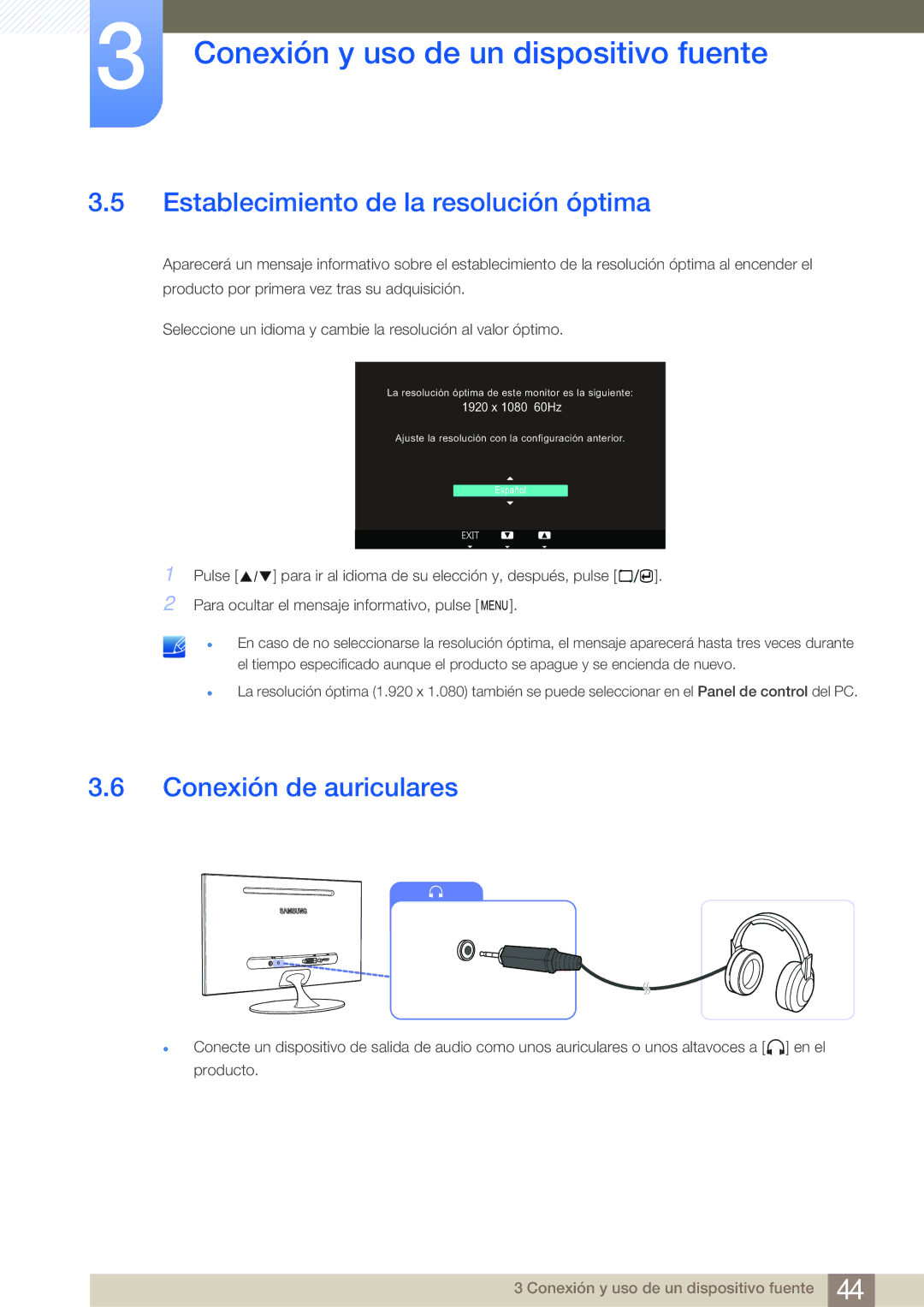 Samsung LS23A700DS/ZA manual Establecimiento de la resolución óptima, Conexión de auriculares 