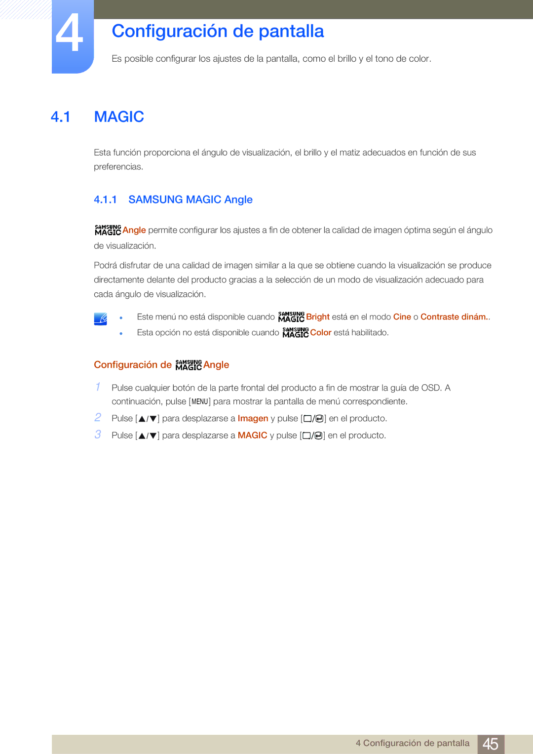 Samsung LS23A700DS/ZA manual Configuración de pantalla, Samsung Magic Angle, Configuración de Angle 