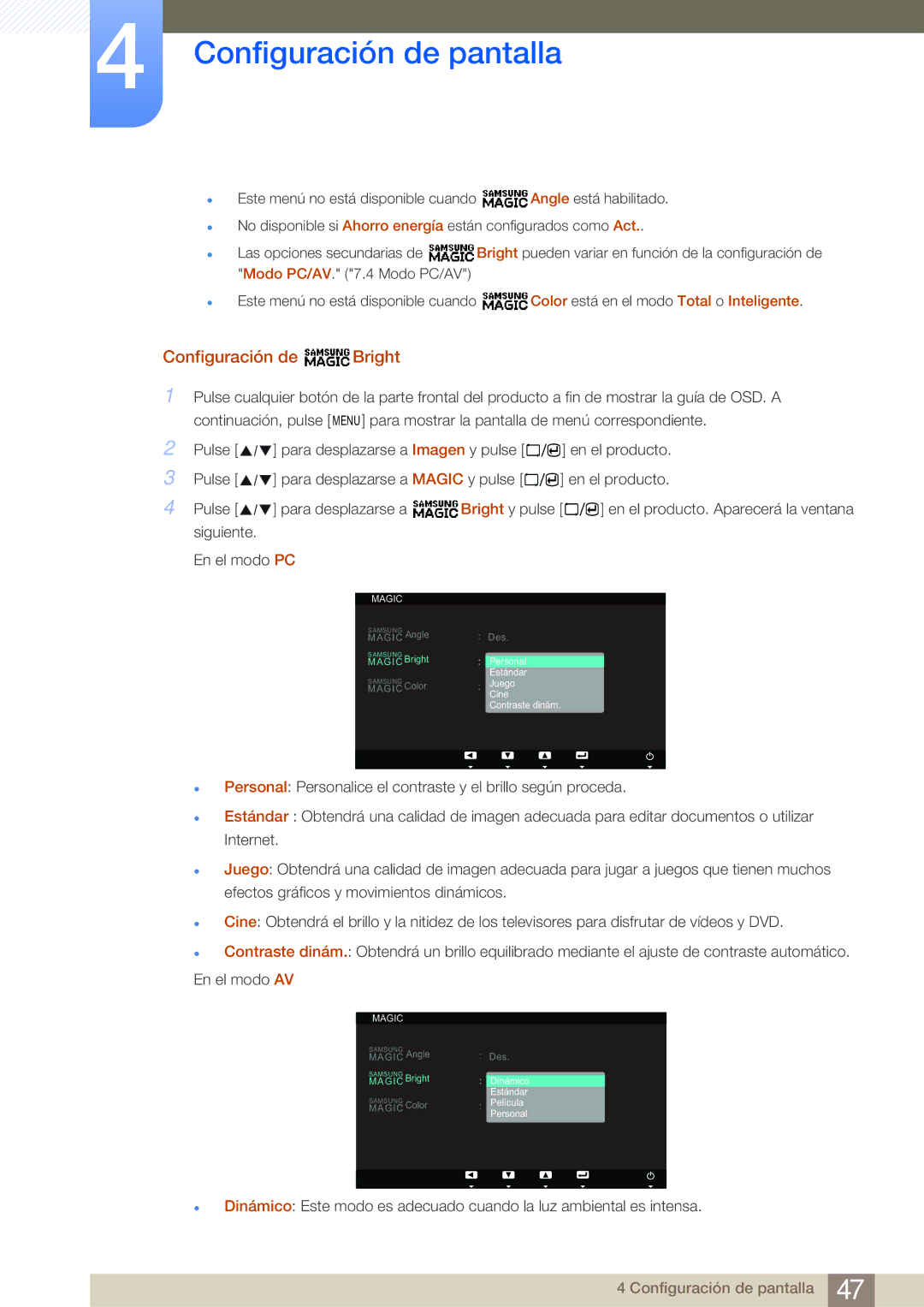 Samsung LS23A700DS/ZA manual Configuración de Bright, Siguiente En el modo PC 