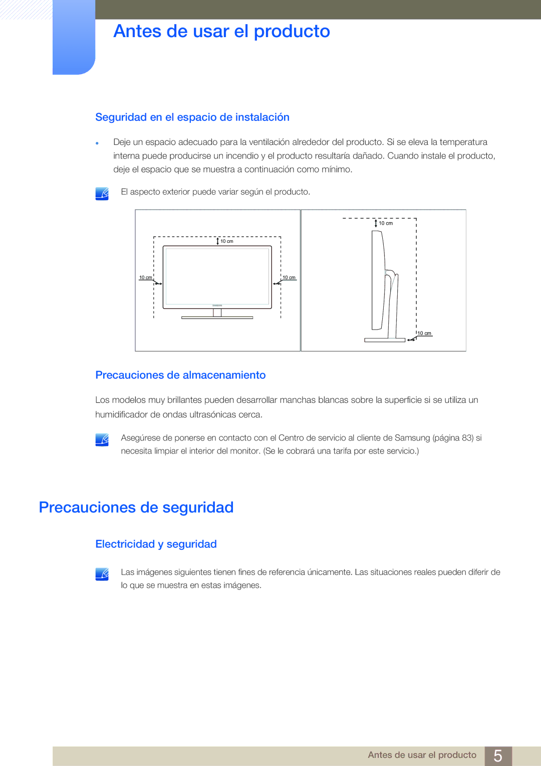 Samsung LS23A700DS/ZA Precauciones de seguridad, Seguridad en el espacio de instalación, Precauciones de almacenamiento 