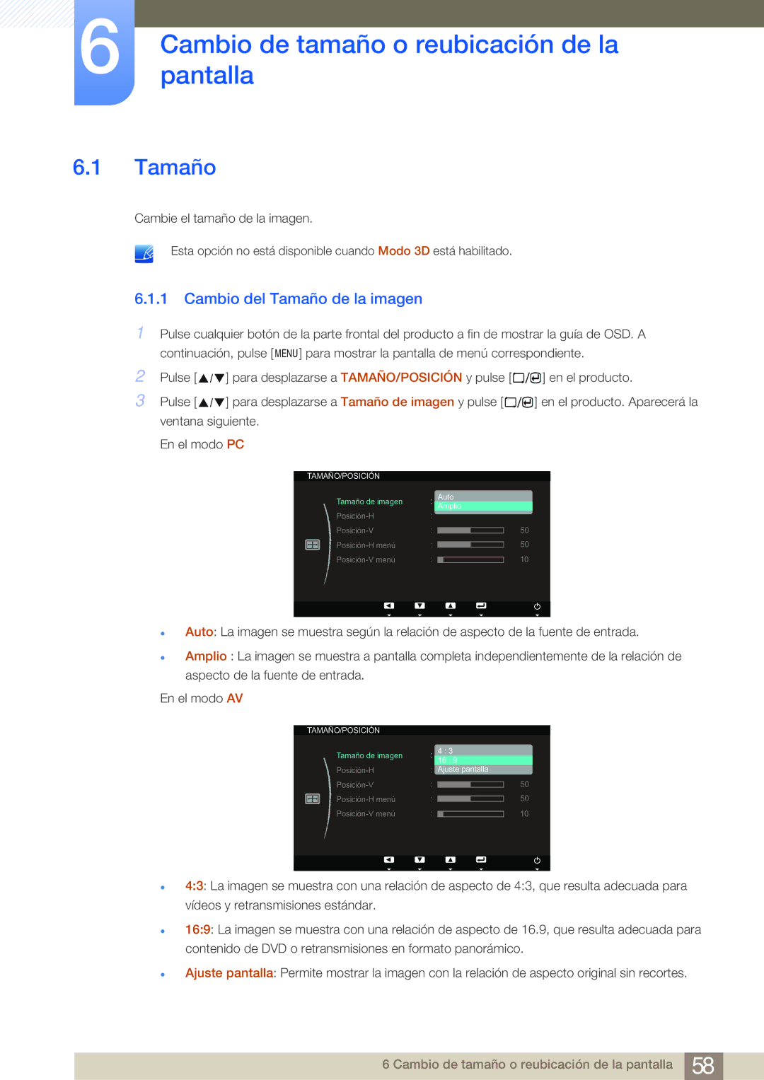 Samsung LS23A700DS/ZA manual Cambiopantalla de tamaño o reubicación de la, Cambio del Tamaño de la imagen 