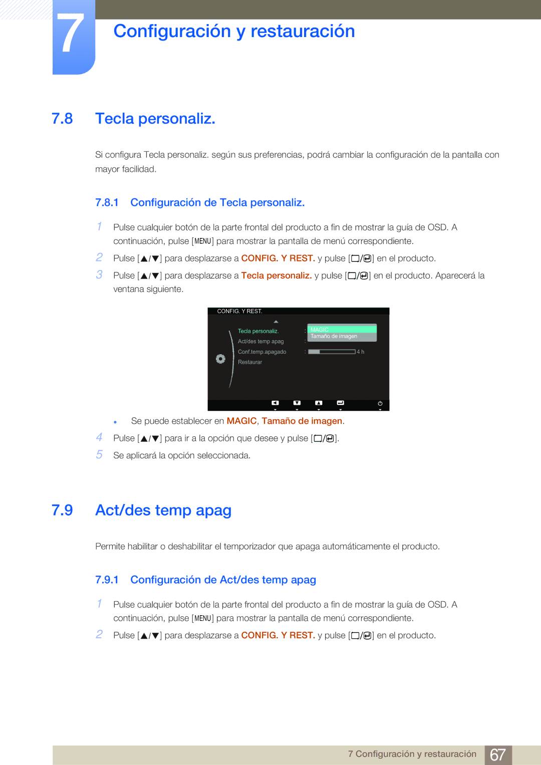 Samsung LS23A700DS/ZA manual Configuración de Tecla personaliz, Configuración de Act/des temp apag 