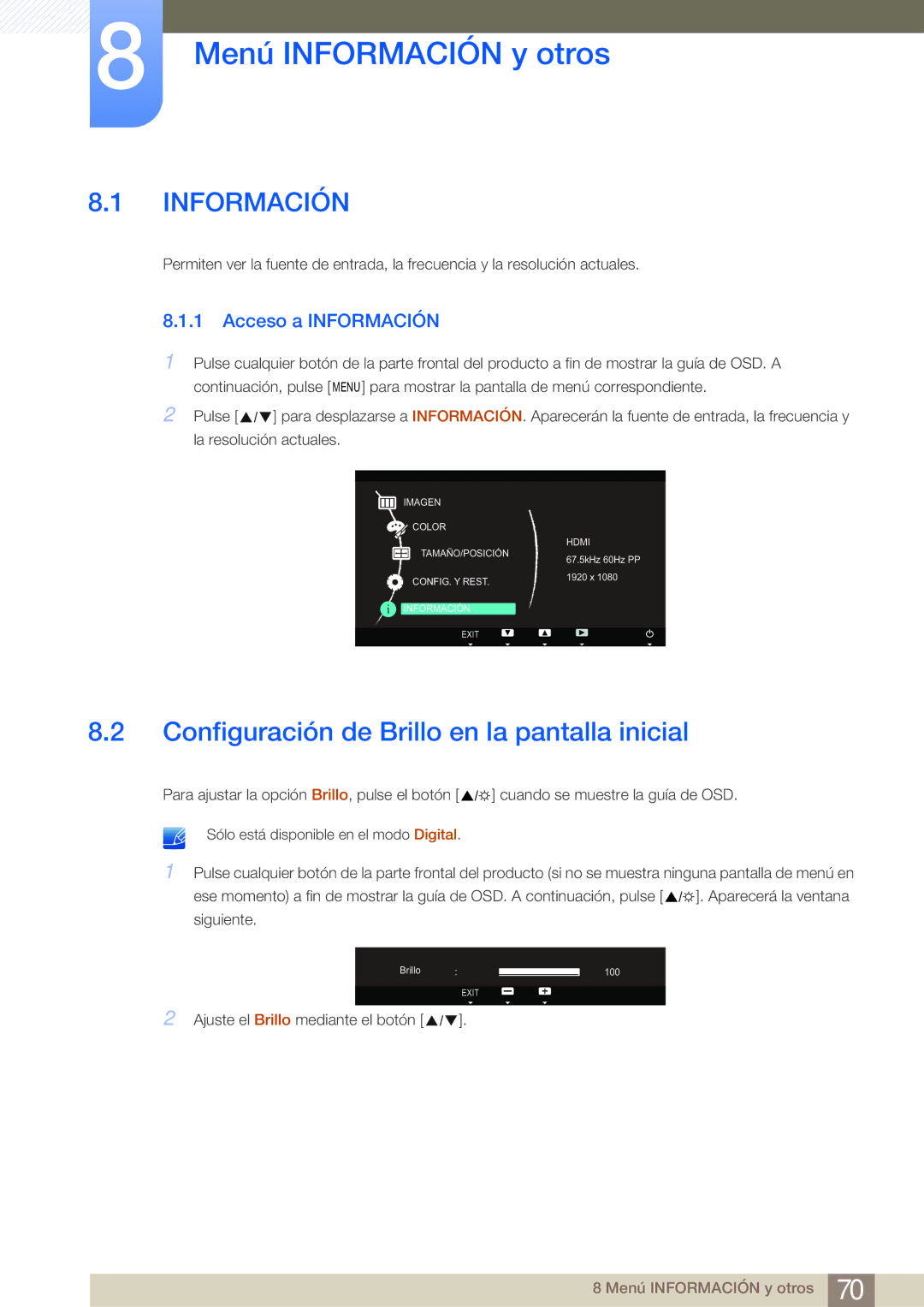 Samsung LS23A700DS/ZA manual Menú Información y otros, Configuración de Brillo en la pantalla inicial, Acceso a Información 