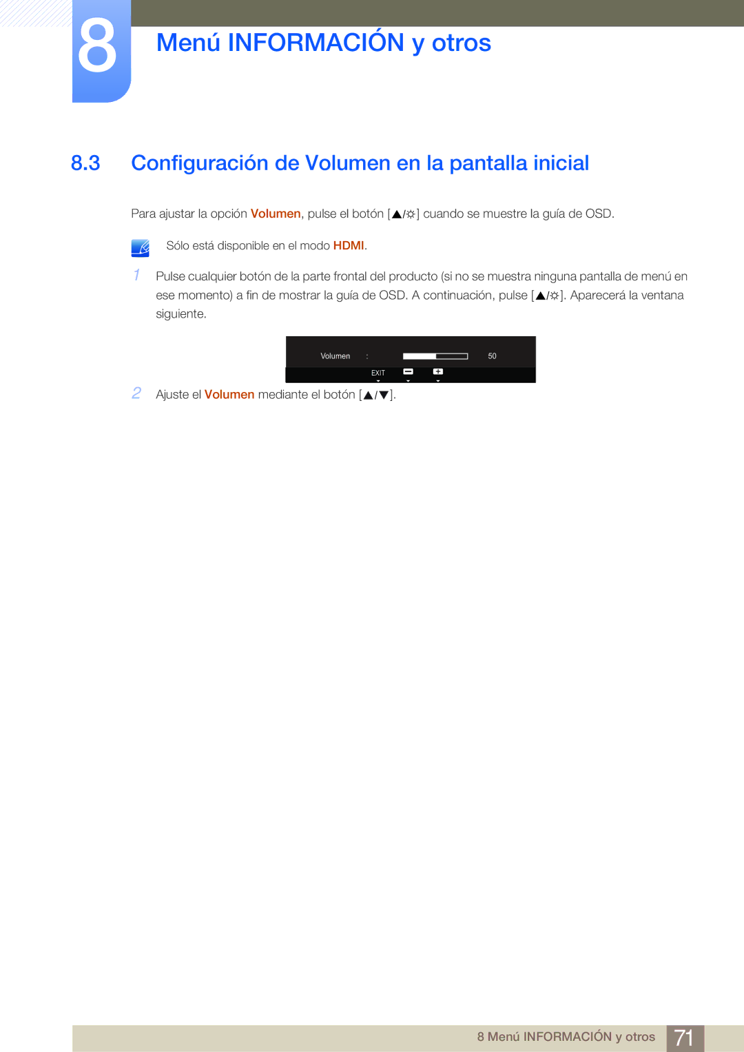 Samsung LS23A700DS/ZA manual Configuración de Volumen en la pantalla inicial 