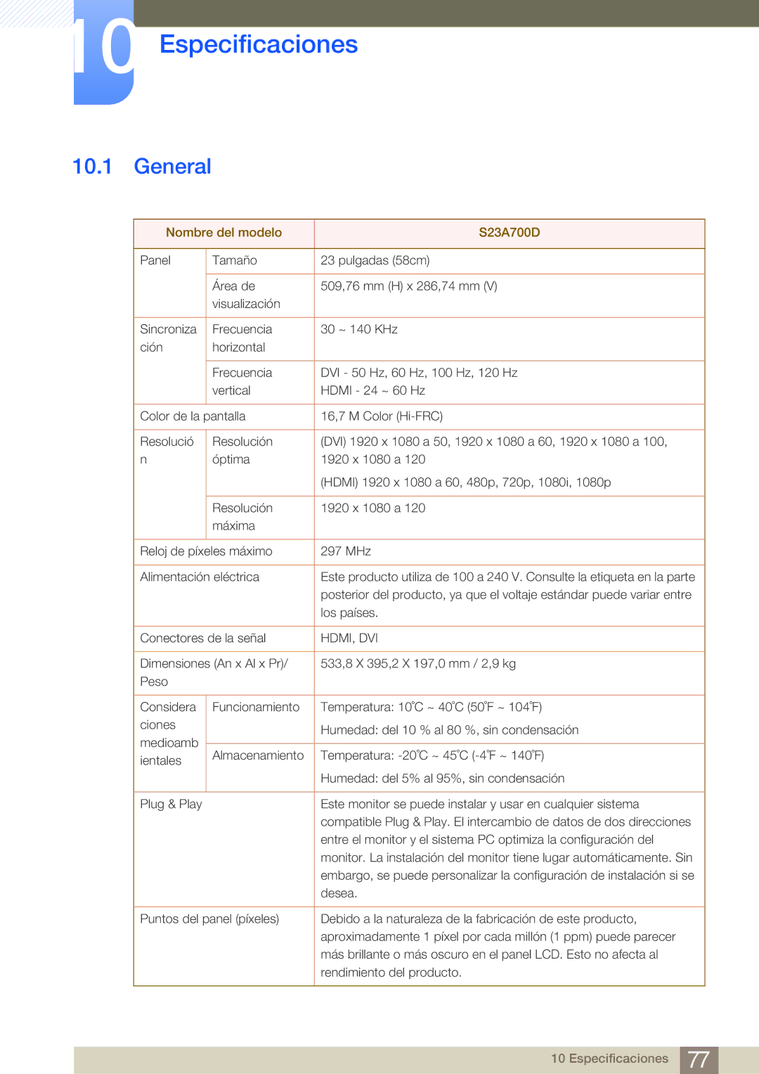 Samsung LS23A700DS/ZA manual Especificaciones, General 