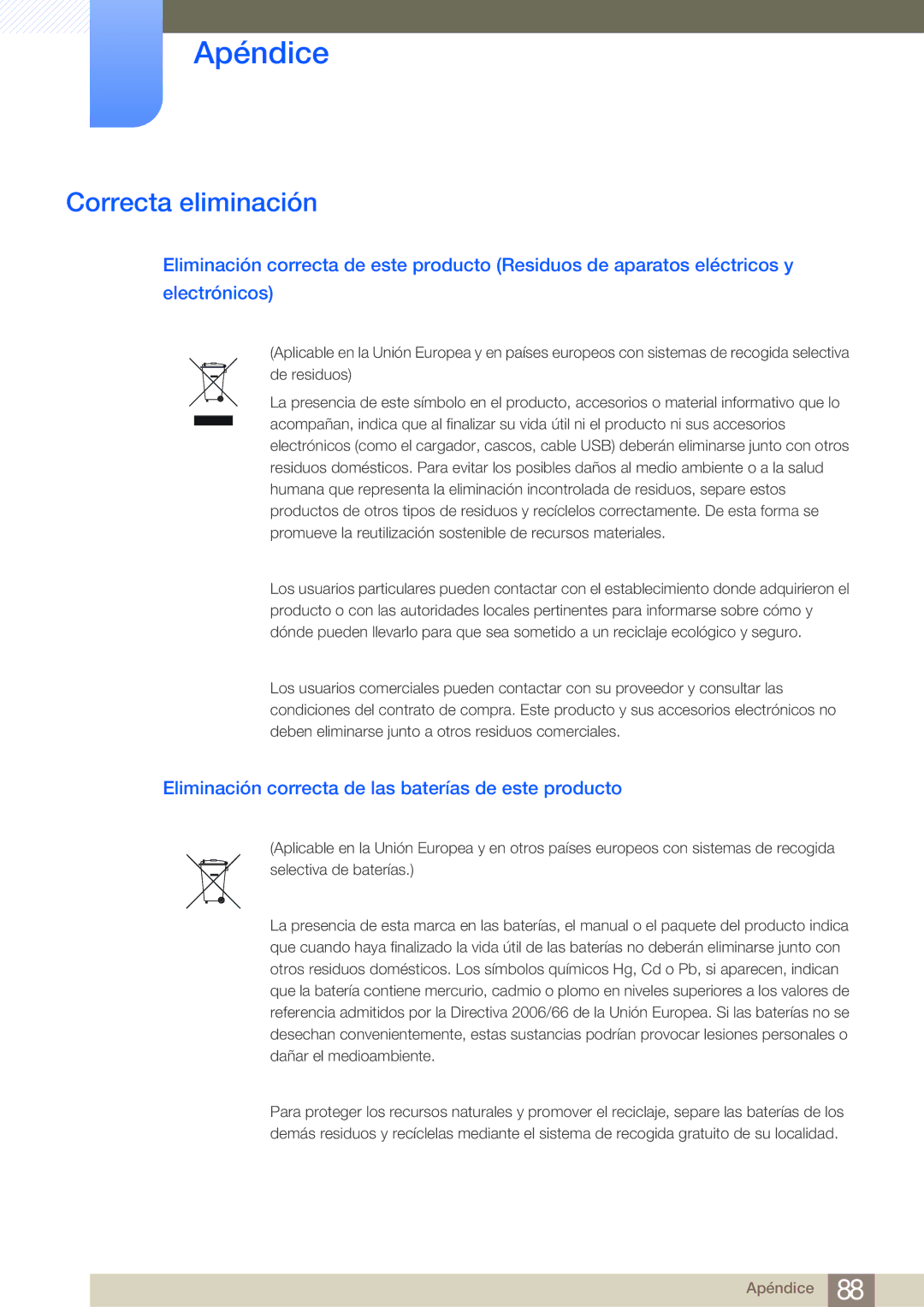 Samsung LS23A700DS/ZA manual Correcta eliminación, Eliminación correcta de las baterías de este producto 