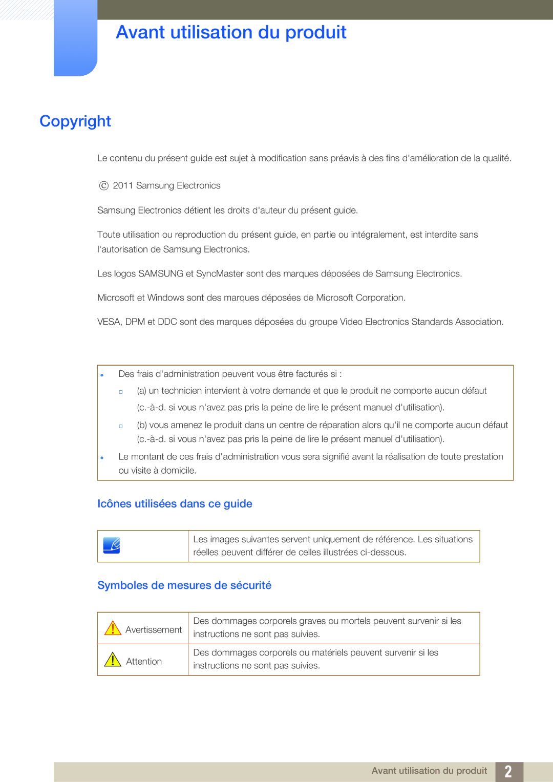 Samsung LS23A750DSL/EN, LS23A750DS/EN manual Avant utilisation du produit, Copyright, Icônes utilisées dans ce guide 