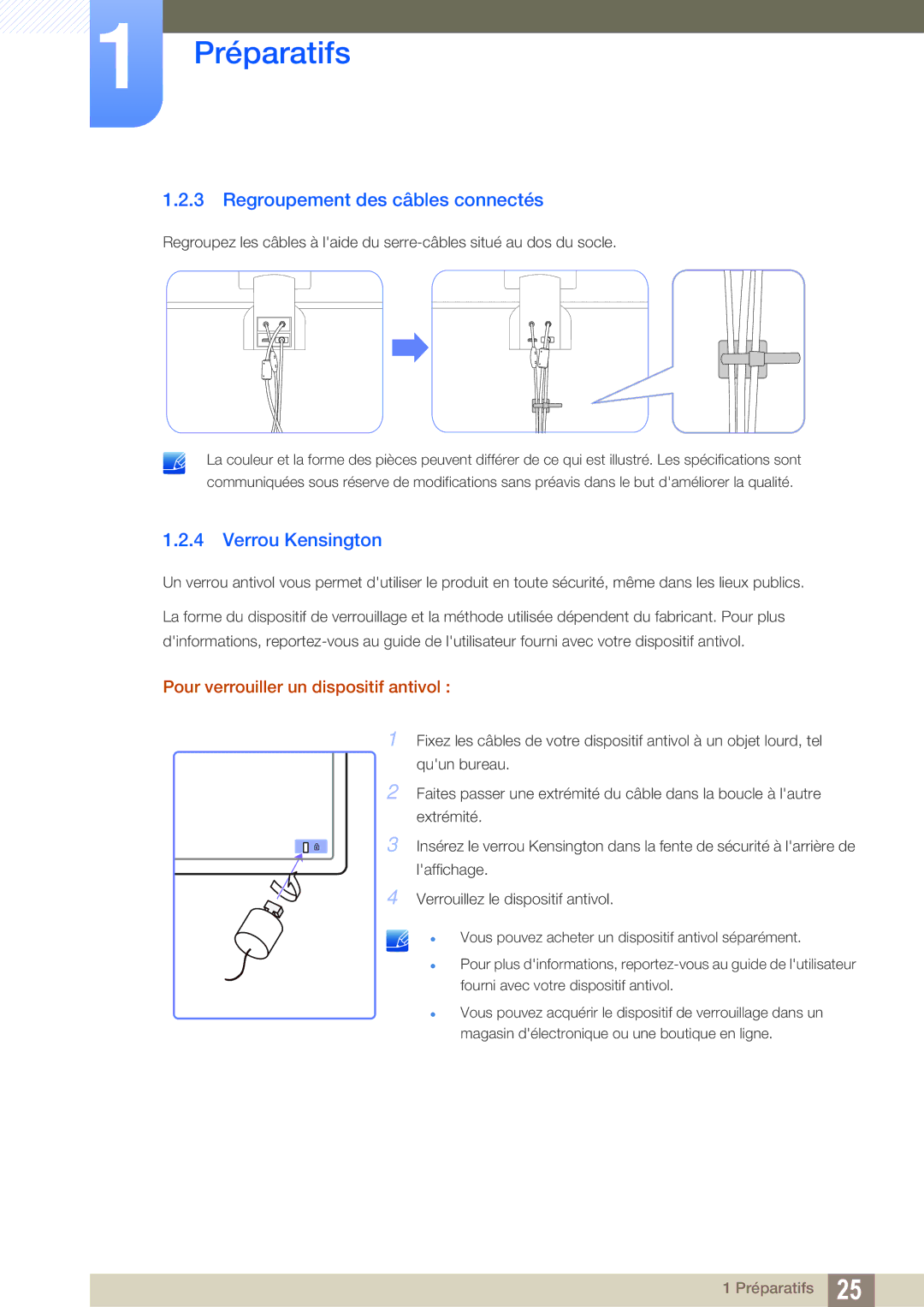 Samsung LS27A750DS/EN manual Regroupement des câbles connectés, Verrou Kensington, Pour verrouiller un dispositif antivol 