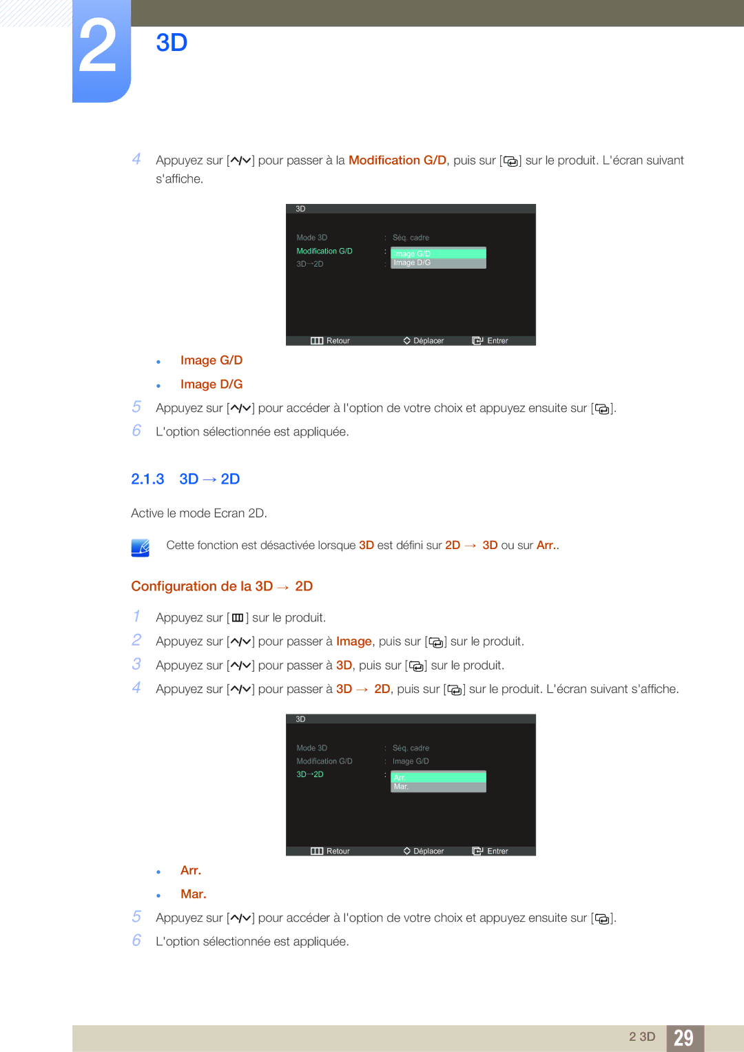 Samsung LS23A750DSL/EN, LS23A750DS/EN, LS27A750DS/EN manual 3 3D → 2D, Configuration de la 3D → 2D 