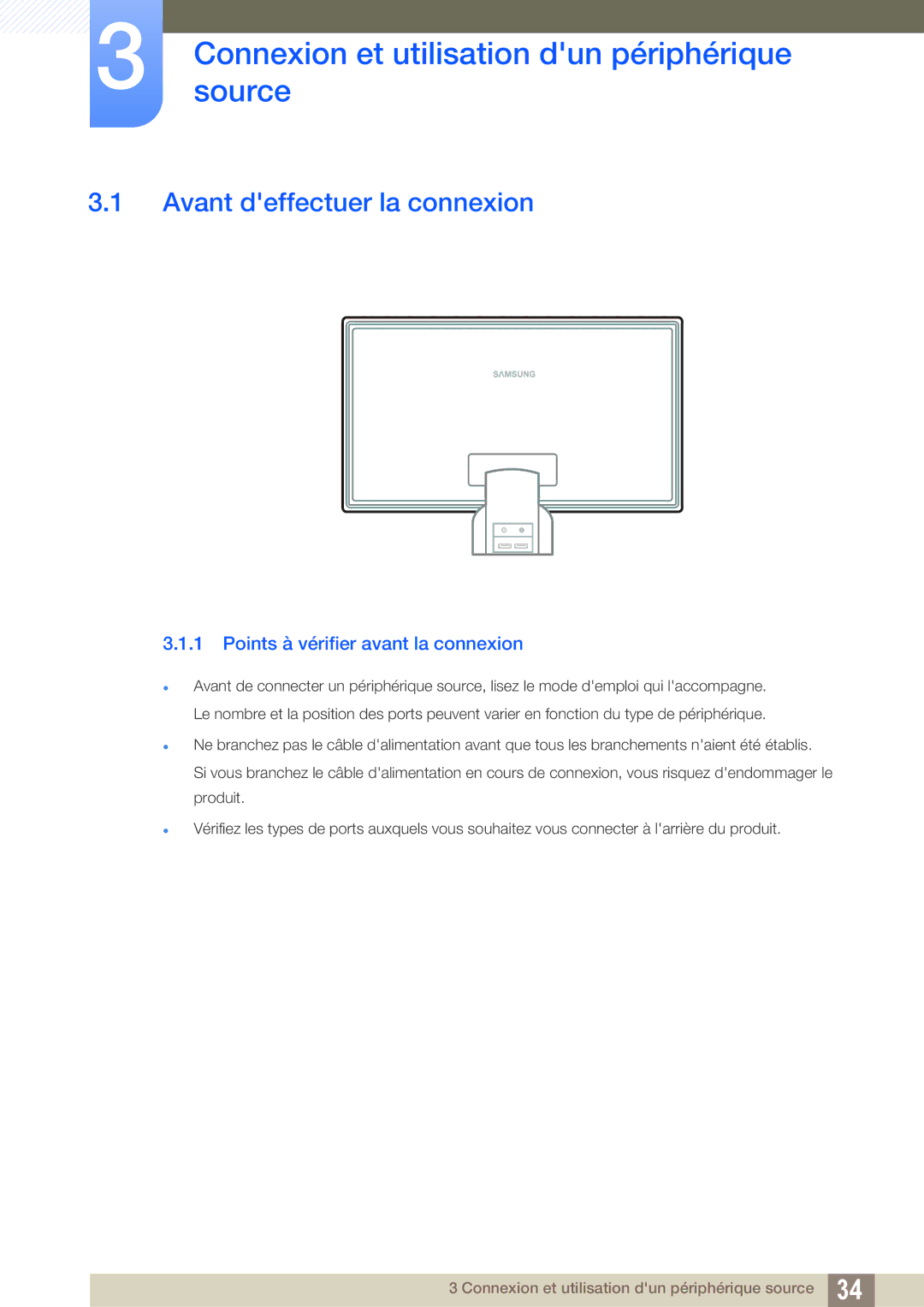 Samsung LS27A750DS/EN, LS23A750DS/EN manual Connexionsource et utilisation dun périphérique, Avant deffectuer la connexion 