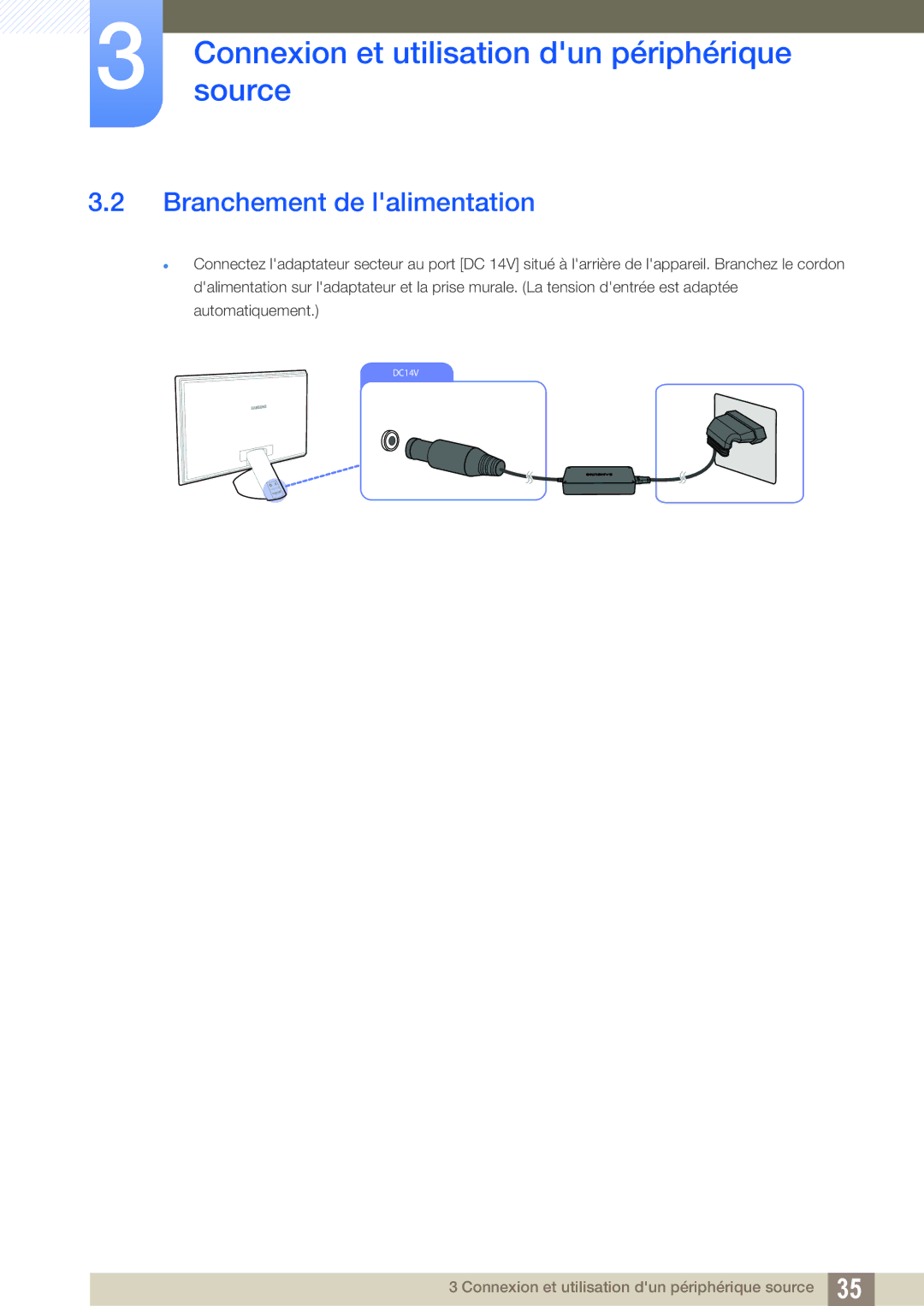 Samsung LS23A750DSL/EN, LS23A750DS/EN, LS27A750DS/EN manual Branchement de lalimentation 