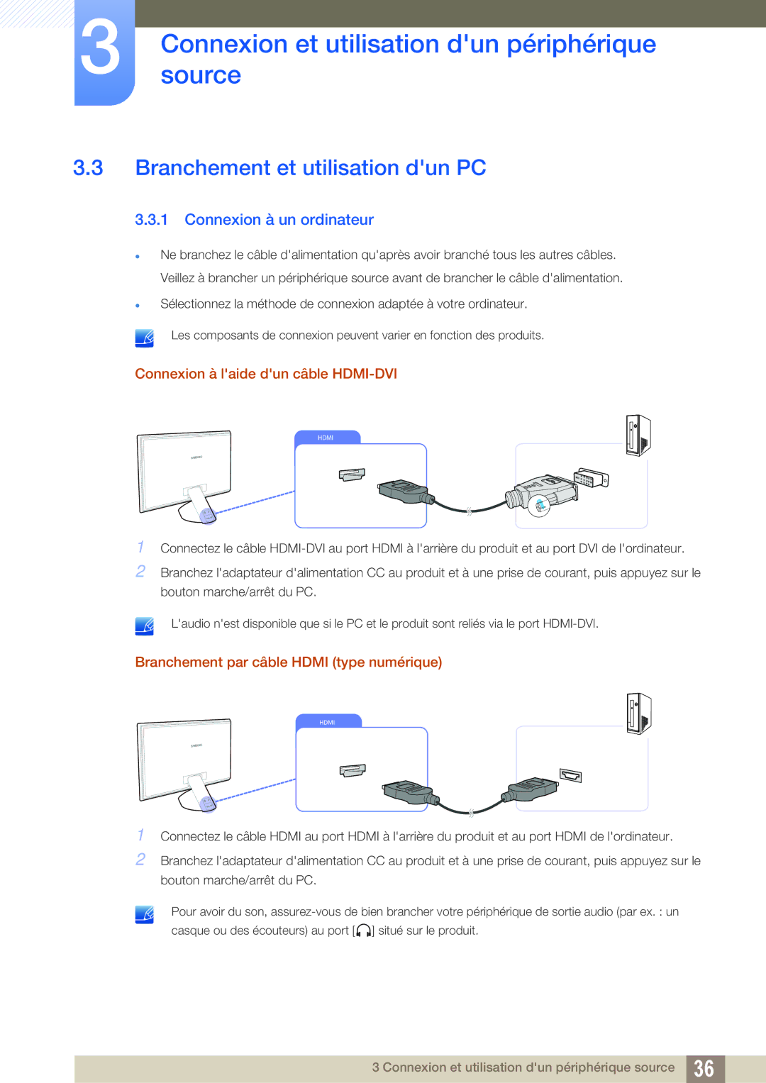 Samsung LS23A750DS/EN Branchement et utilisation dun PC, Connexion à un ordinateur, Connexion à laide dun câble HDMI-DVI 