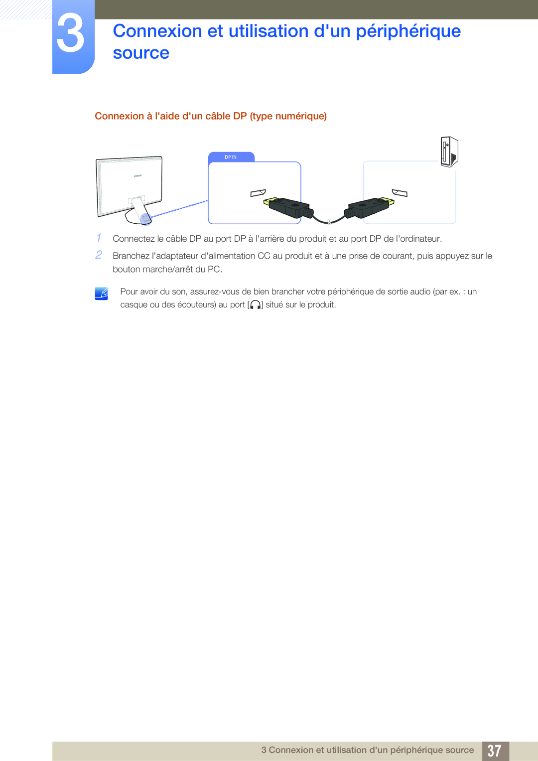 Samsung LS27A750DS/EN, LS23A750DS/EN, LS23A750DSL/EN manual Connexion à laide dun câble DP type numérique 