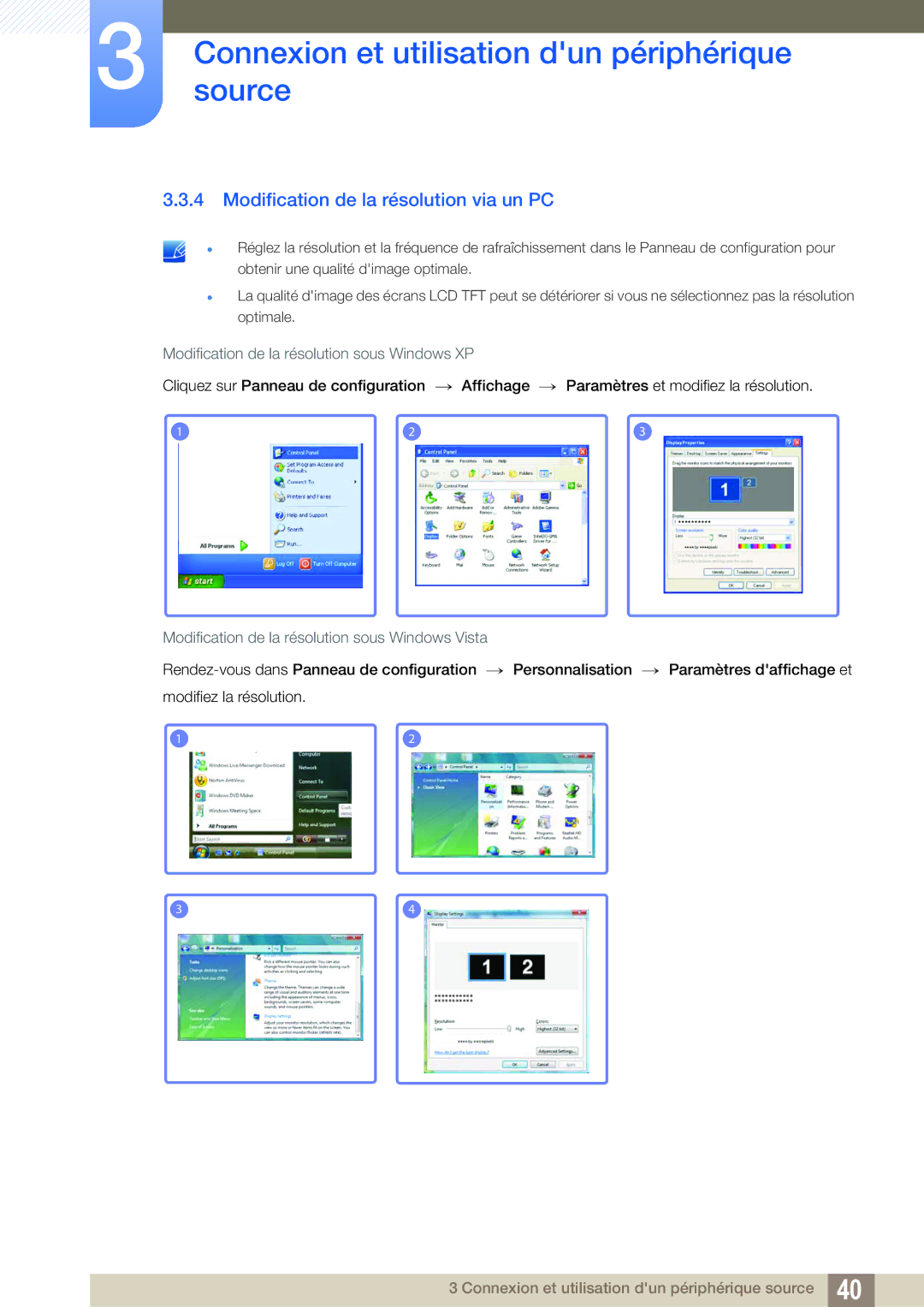Samsung LS27A750DS/EN manual Modification de la résolution via un PC, Modification de la résolution sous Windows Vista 