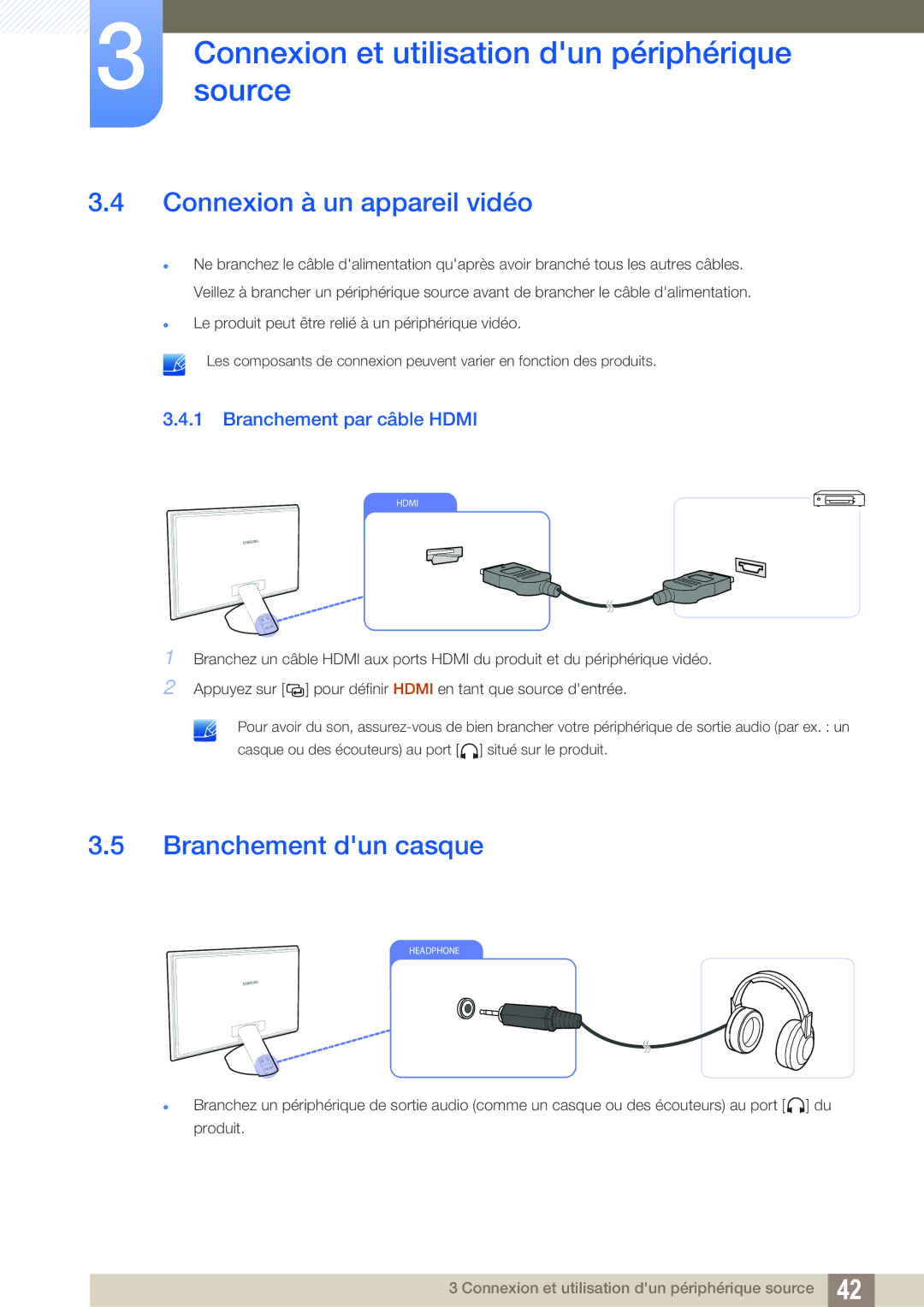 Samsung LS23A750DS/EN, LS27A750DS/EN Connexion à un appareil vidéo, Branchement dun casque, Branchement par câble Hdmi 