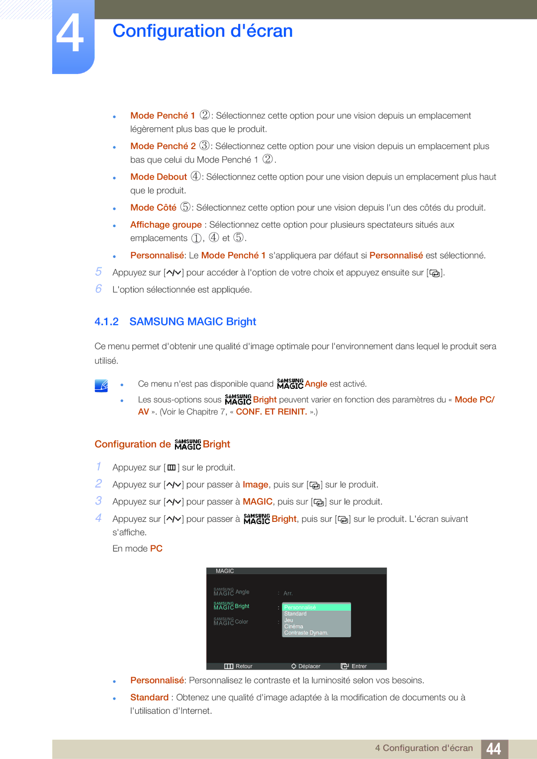 Samsung LS23A750DSL/EN, LS23A750DS/EN, LS27A750DS/EN manual Samsung Magic Bright, Configuration de Bright 