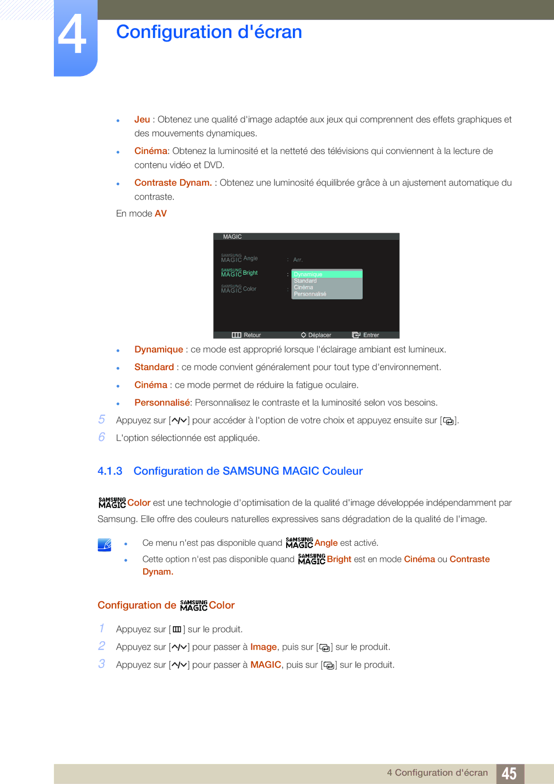 Samsung LS23A750DS/EN, LS27A750DS/EN, LS23A750DSL/EN manual Configuration de Samsung Magic Couleur, Configuration de Color 