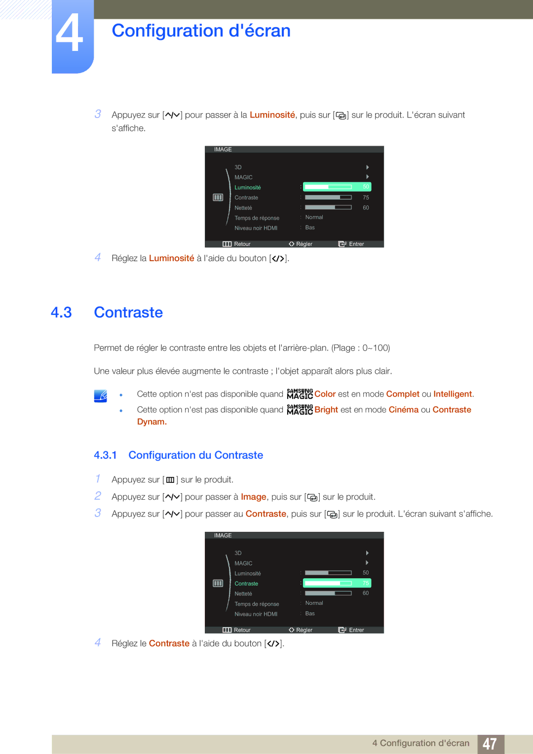Samsung LS23A750DSL/EN, LS23A750DS/EN, LS27A750DS/EN manual Configuration du Contraste 