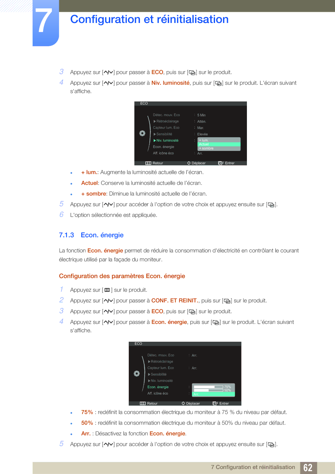 Samsung LS23A750DSL/EN, LS23A750DS/EN, LS27A750DS/EN manual Configuration des paramètres Econ. énergie 
