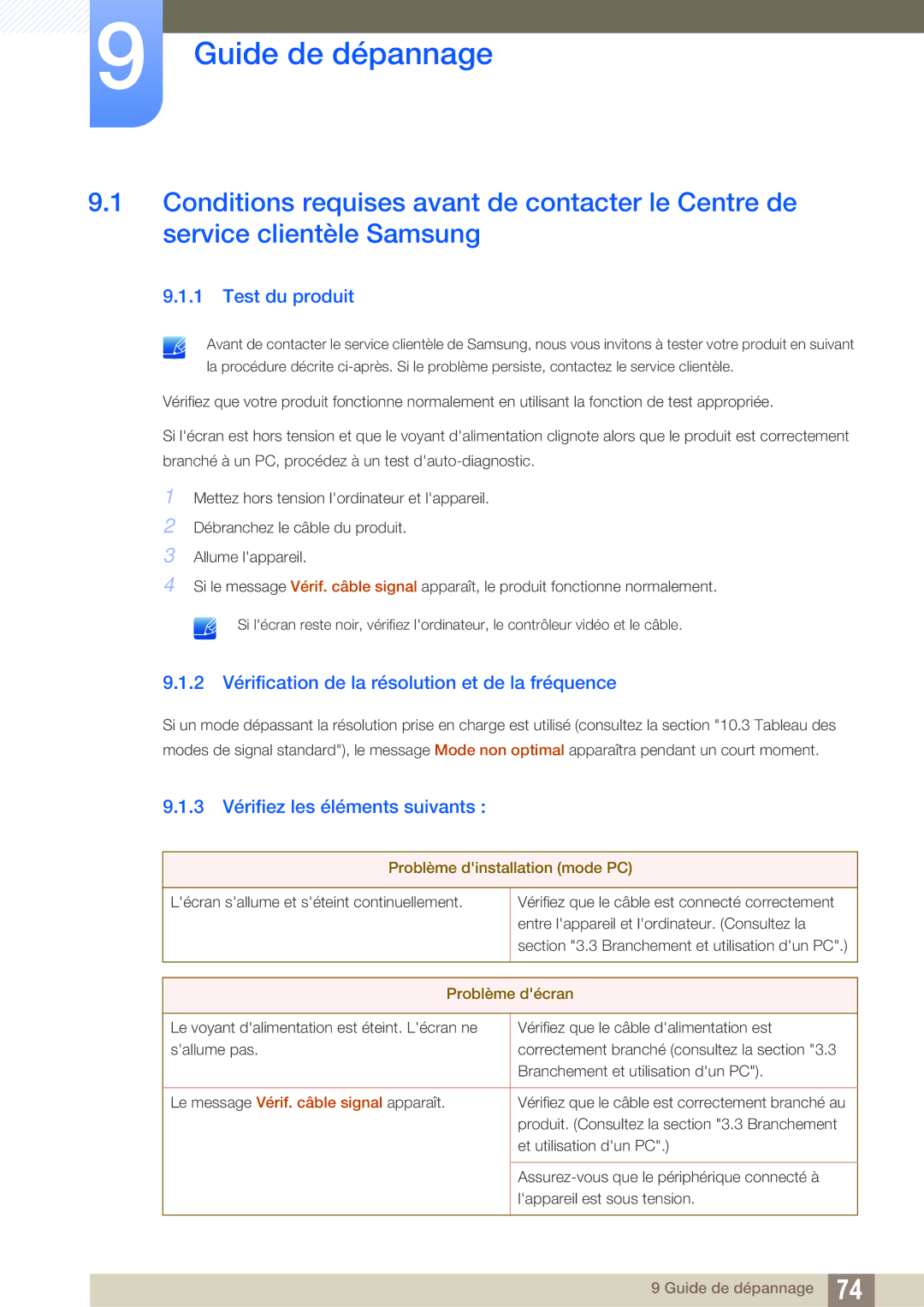 Samsung LS23A750DSL/EN manual Guide de dépannage, Test du produit, 2 Vérification de la résolution et de la fréquence 