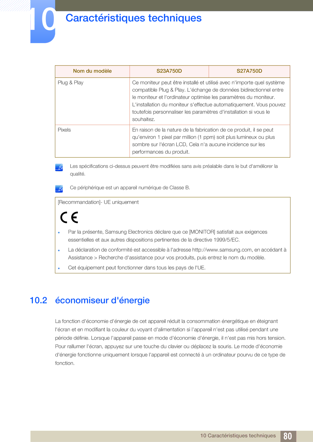 Samsung LS23A750DSL/EN, LS23A750DS/EN, LS27A750DS/EN manual 10.2 économiseur dénergie 