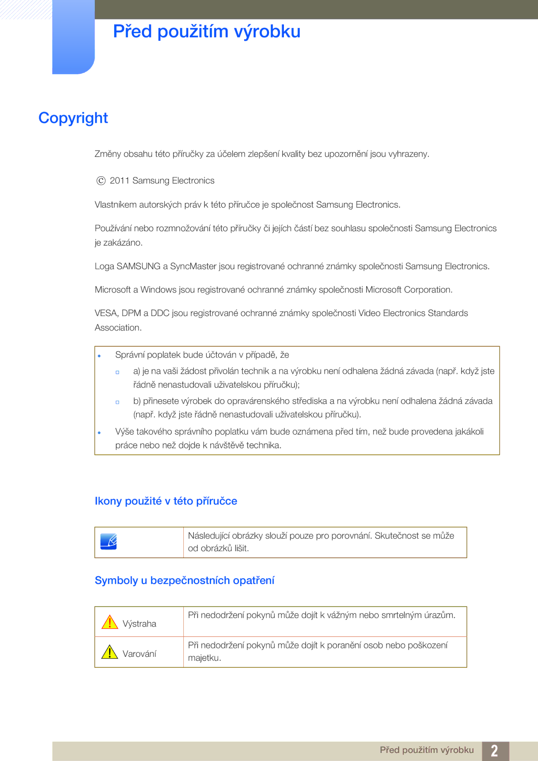 Samsung LS27A750DSL/EN Před použitím výrobku, Copyright, Ikony použité v této příručce, Symboly u bezpečnostních opatření 