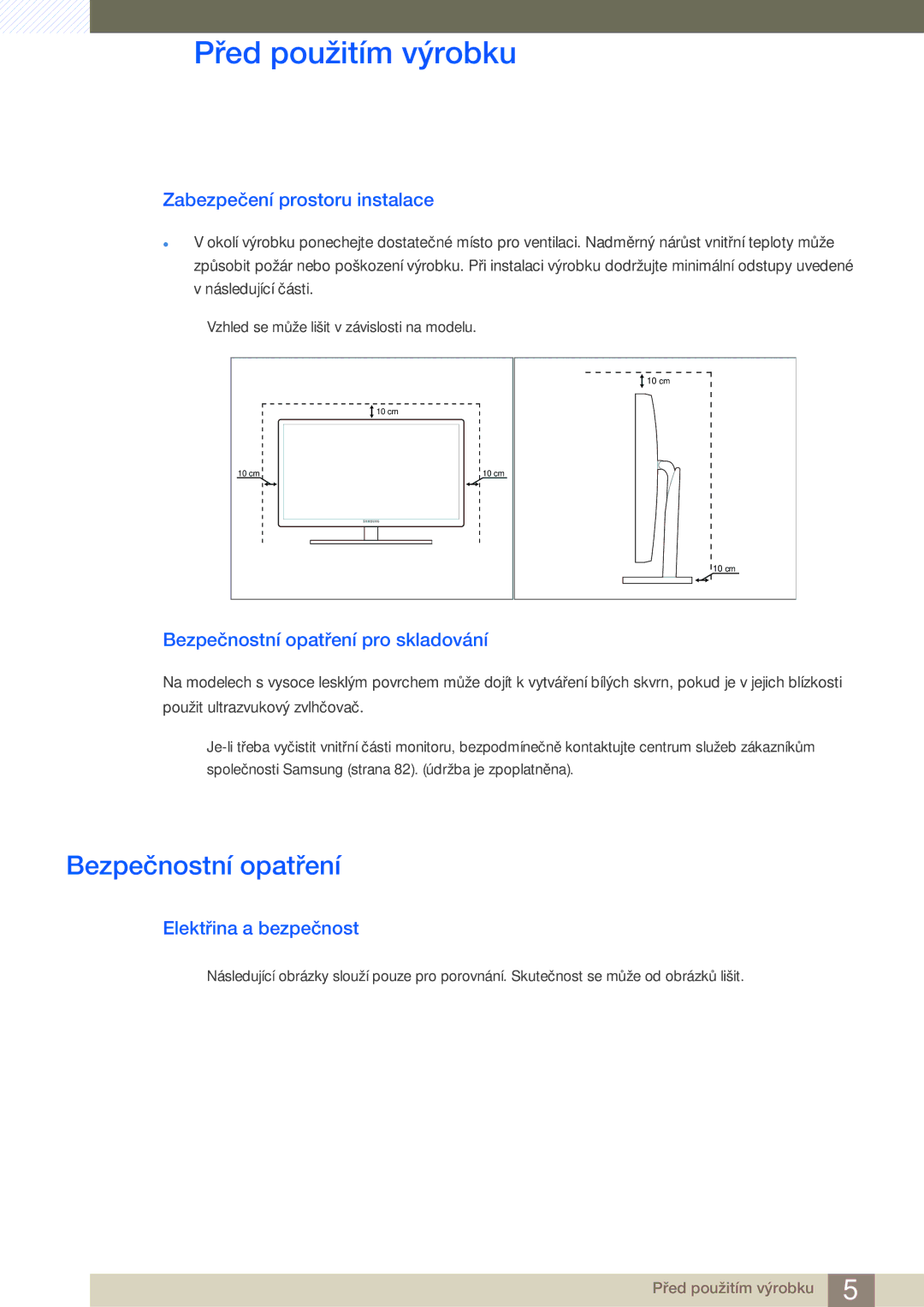Samsung LS23A750DS/EN Zabezpečení prostoru instalace, Bezpečnostní opatření pro skladování, Elektřina a bezpečnost 