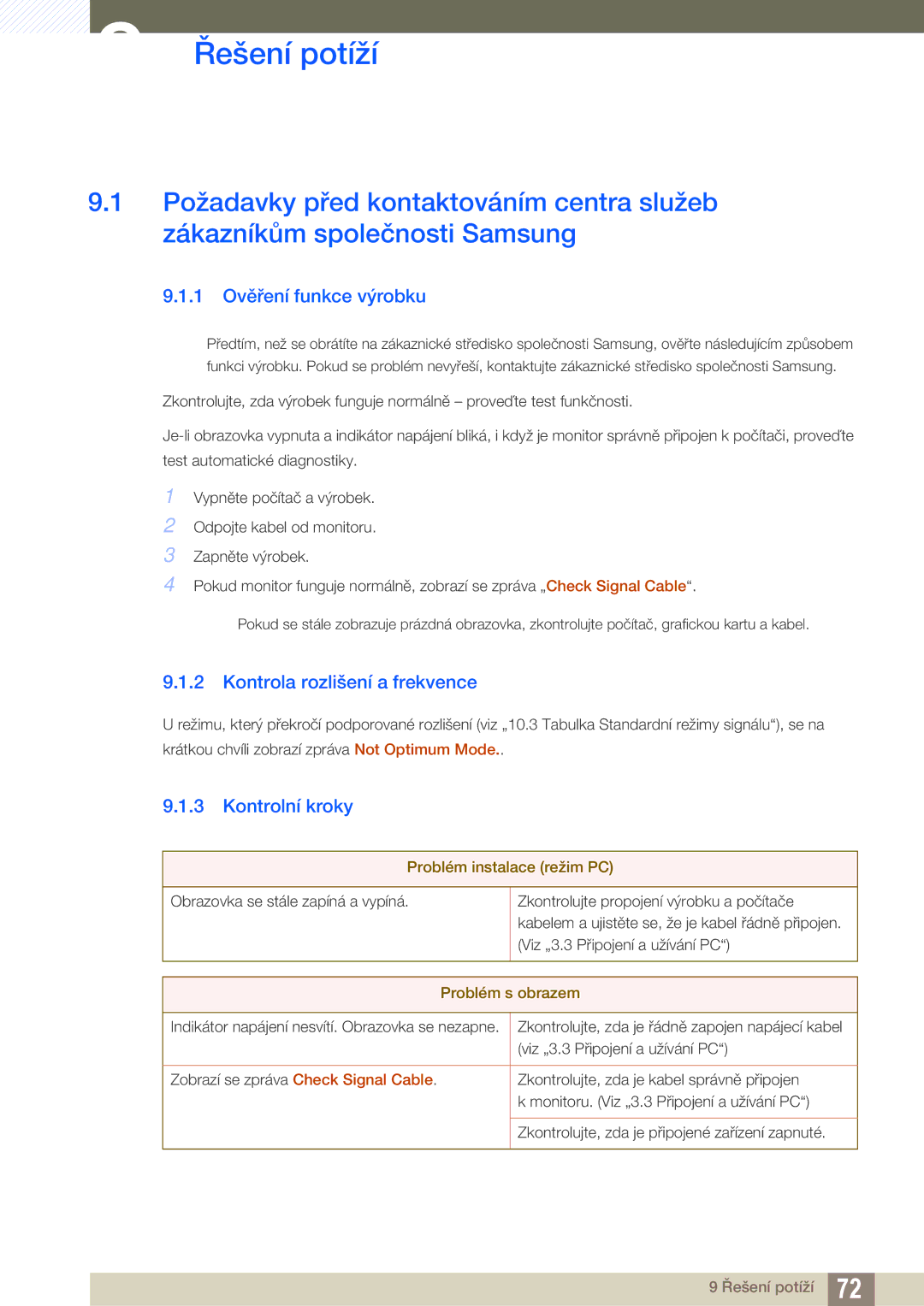 Samsung LS27A750DSL/EN manual Řešení potíží, 1 Ověření funkce výrobku, Kontrola rozlišení a frekvence, Kontrolní kroky 