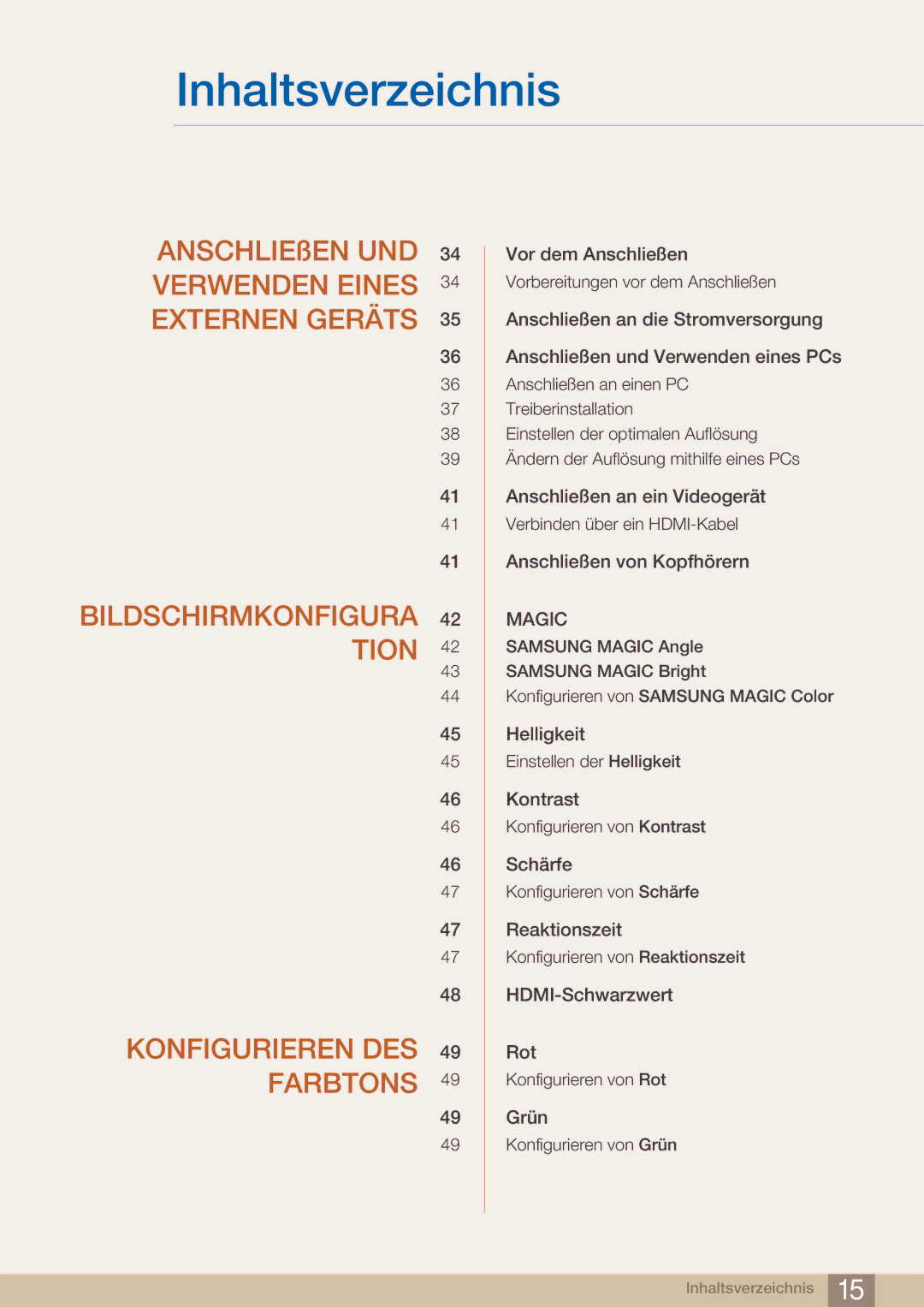 Samsung LS27A750DS/EN, LS23A750DS/EN manual Bildschirmkonfigura 42 Tion Konfigurieren DES 49 Farbtons 