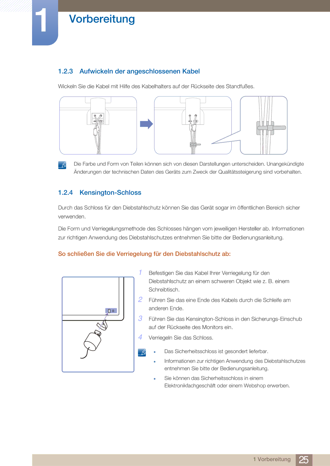 Samsung LS27A750DS/EN, LS23A750DS/EN manual Aufwickeln der angeschlossenen Kabel, Kensington-Schloss 