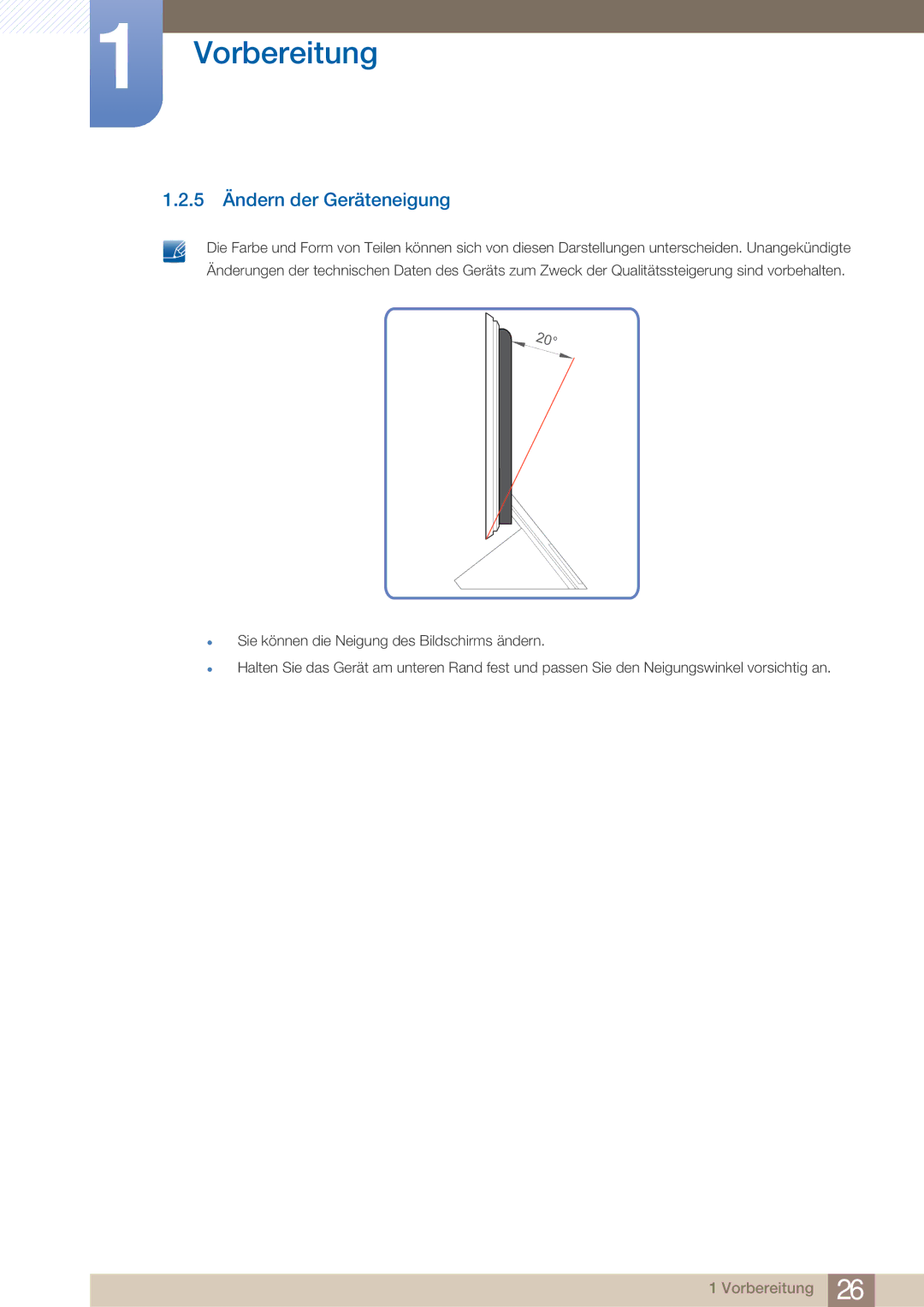 Samsung LS23A750DS/EN, LS27A750DS/EN manual 5 Ändern der Geräteneigung 