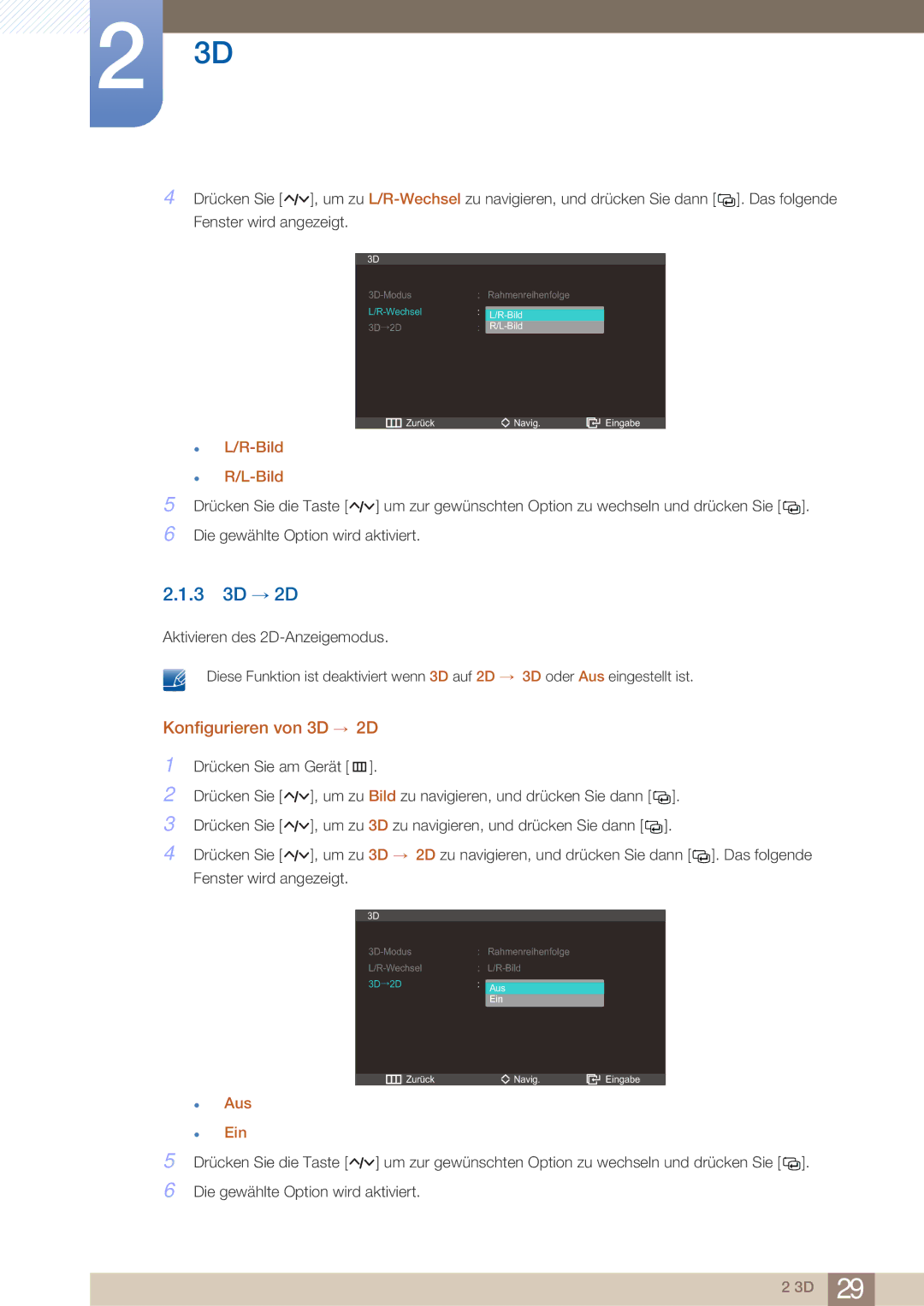 Samsung LS27A750DS/EN, LS23A750DS/EN manual 3 3D → 2D, Konfigurieren von 3D → 2D 