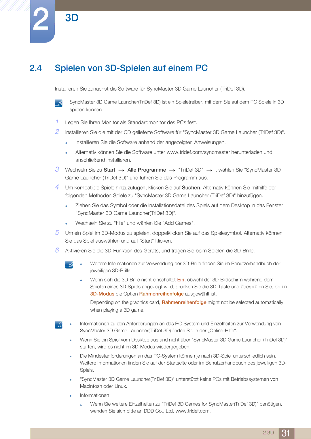 Samsung LS27A750DS/EN, LS23A750DS/EN manual Spielen von 3D-Spielen auf einem PC 