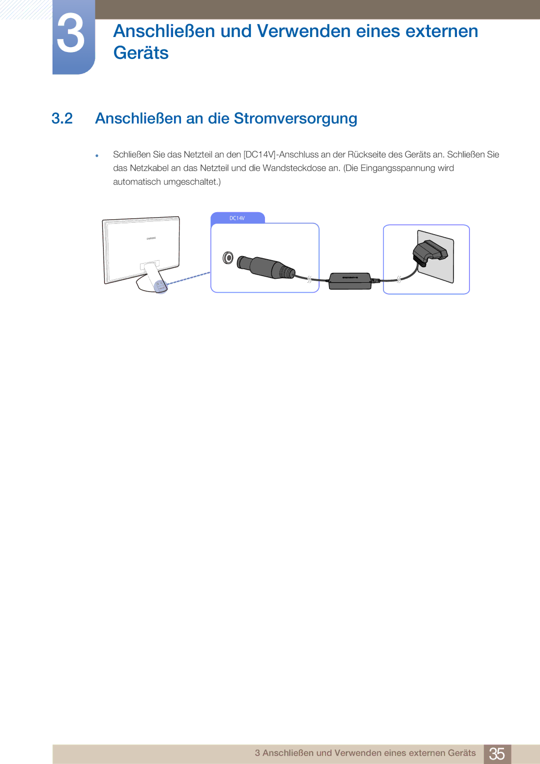 Samsung LS27A750DS/EN, LS23A750DS/EN manual Anschließen an die Stromversorgung 