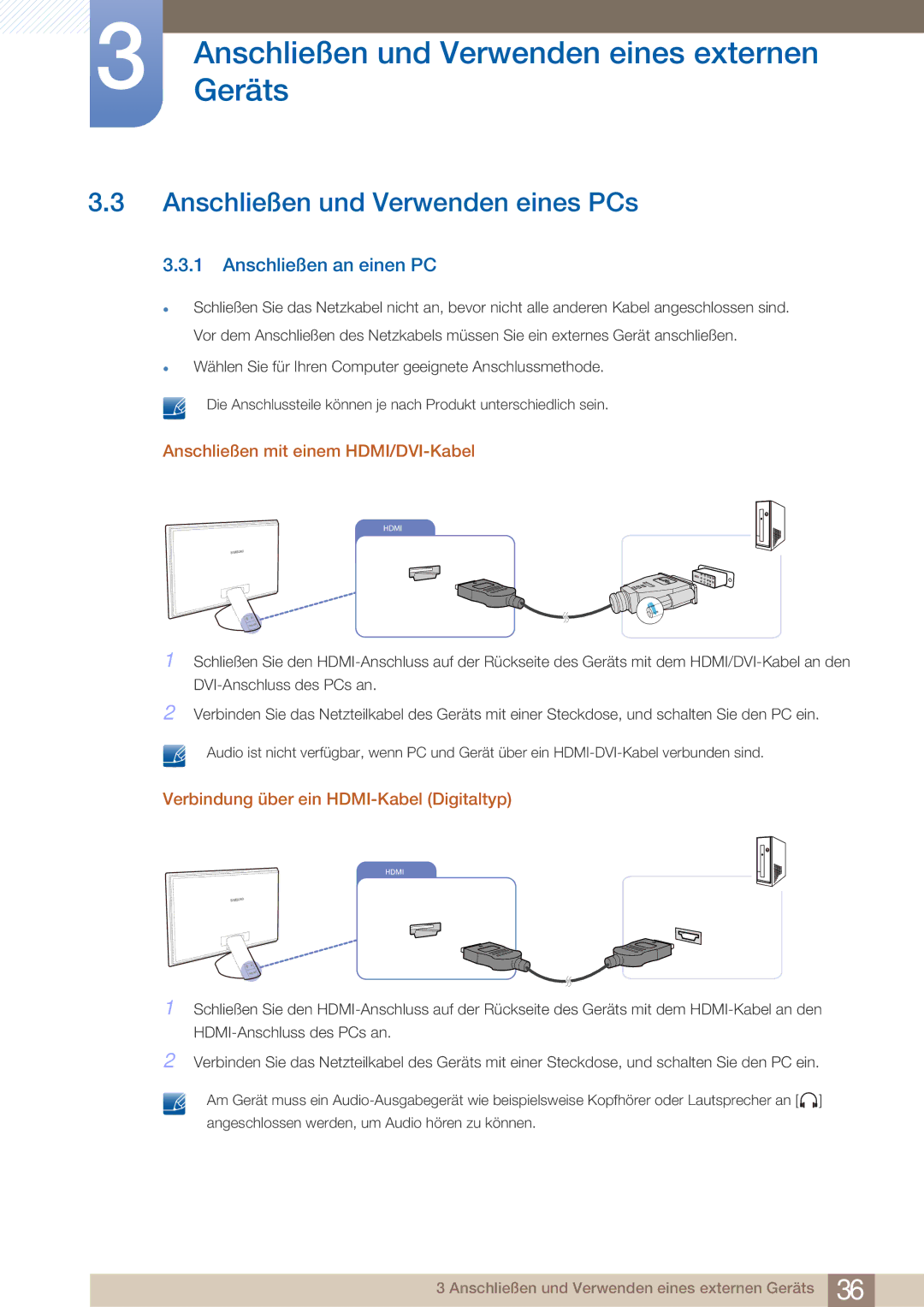 Samsung LS23A750DS/EN Anschließen und Verwenden eines PCs, Anschließen an einen PC, Anschließen mit einem HDMI/DVI-Kabel 