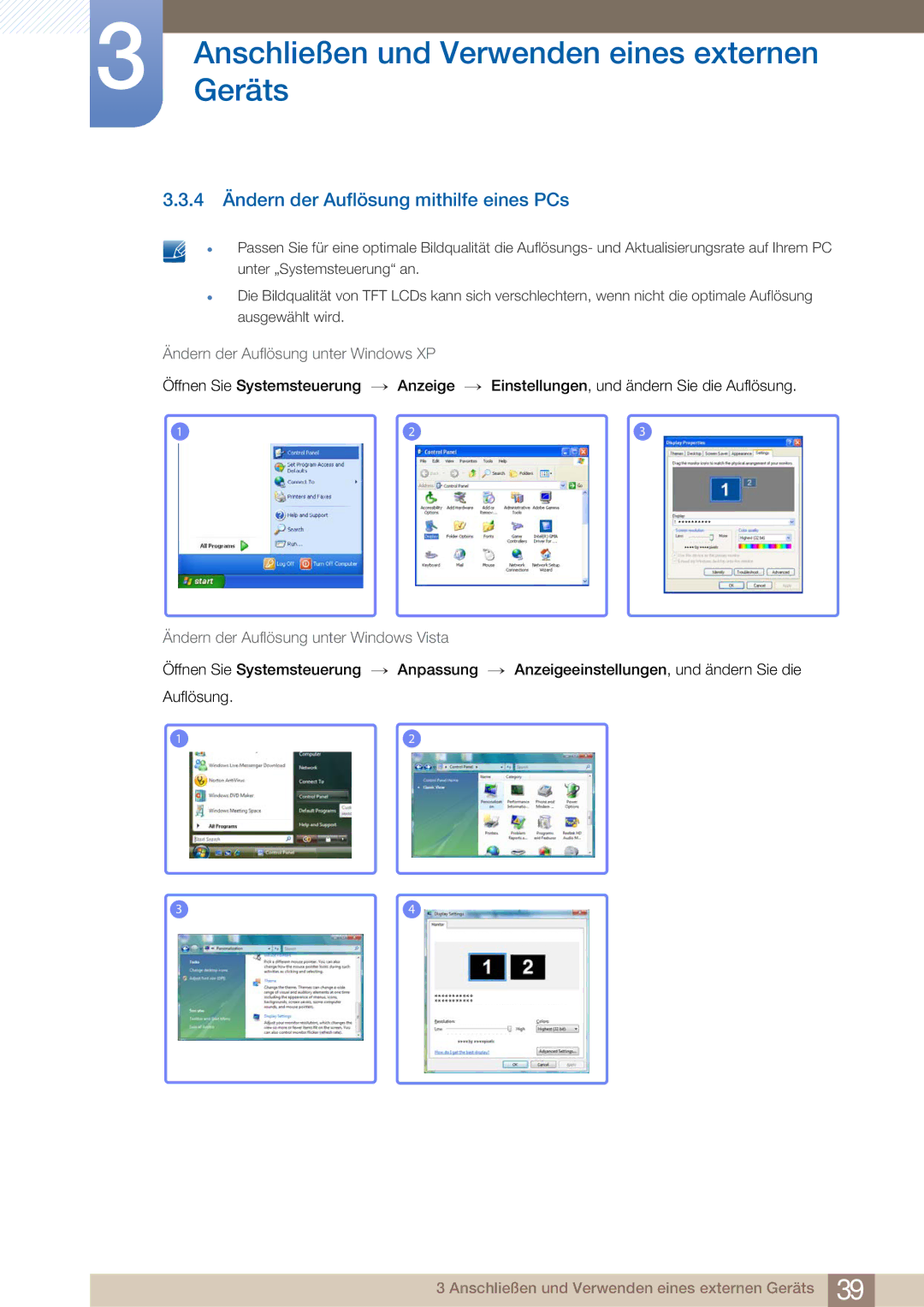 Samsung LS27A750DS/EN, LS23A750DS/EN 4 Ändern der Auflösung mithilfe eines PCs, Ändern der Auflösung unter Windows Vista 