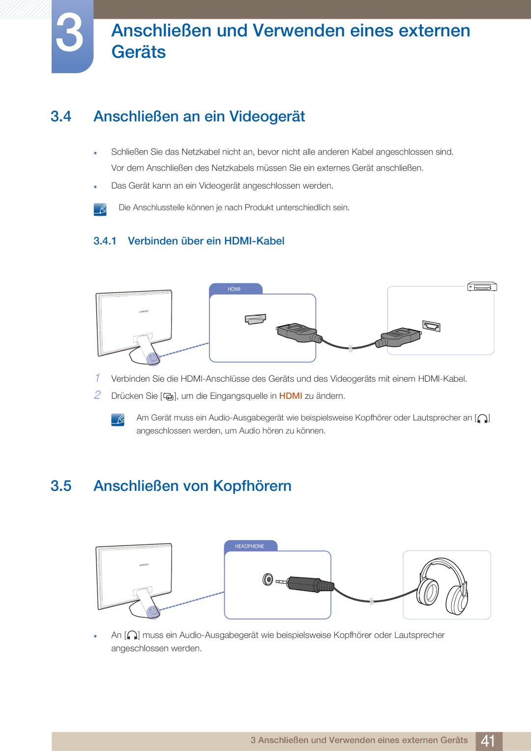 Samsung LS27A750DS/EN manual Anschließen an ein Videogerät, Anschließen von Kopfhörern, Verbinden über ein HDMI-Kabel 