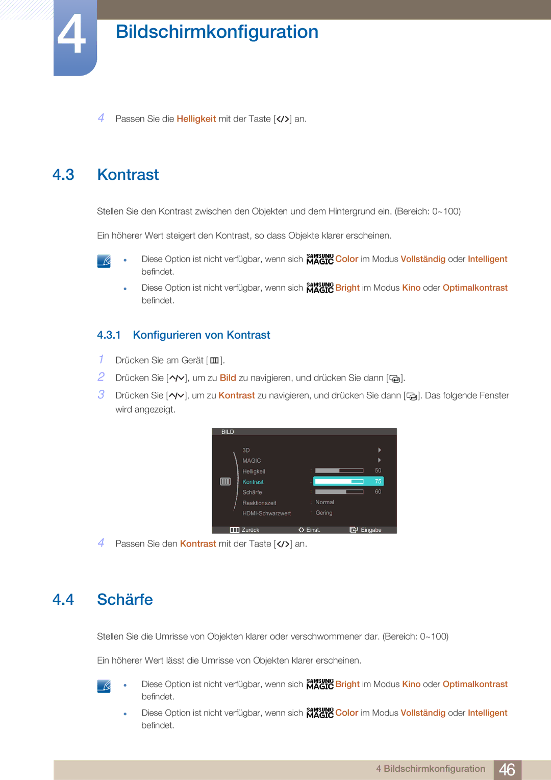 Samsung LS23A750DS/EN, LS27A750DS/EN manual Schärfe, Konfigurieren von Kontrast 