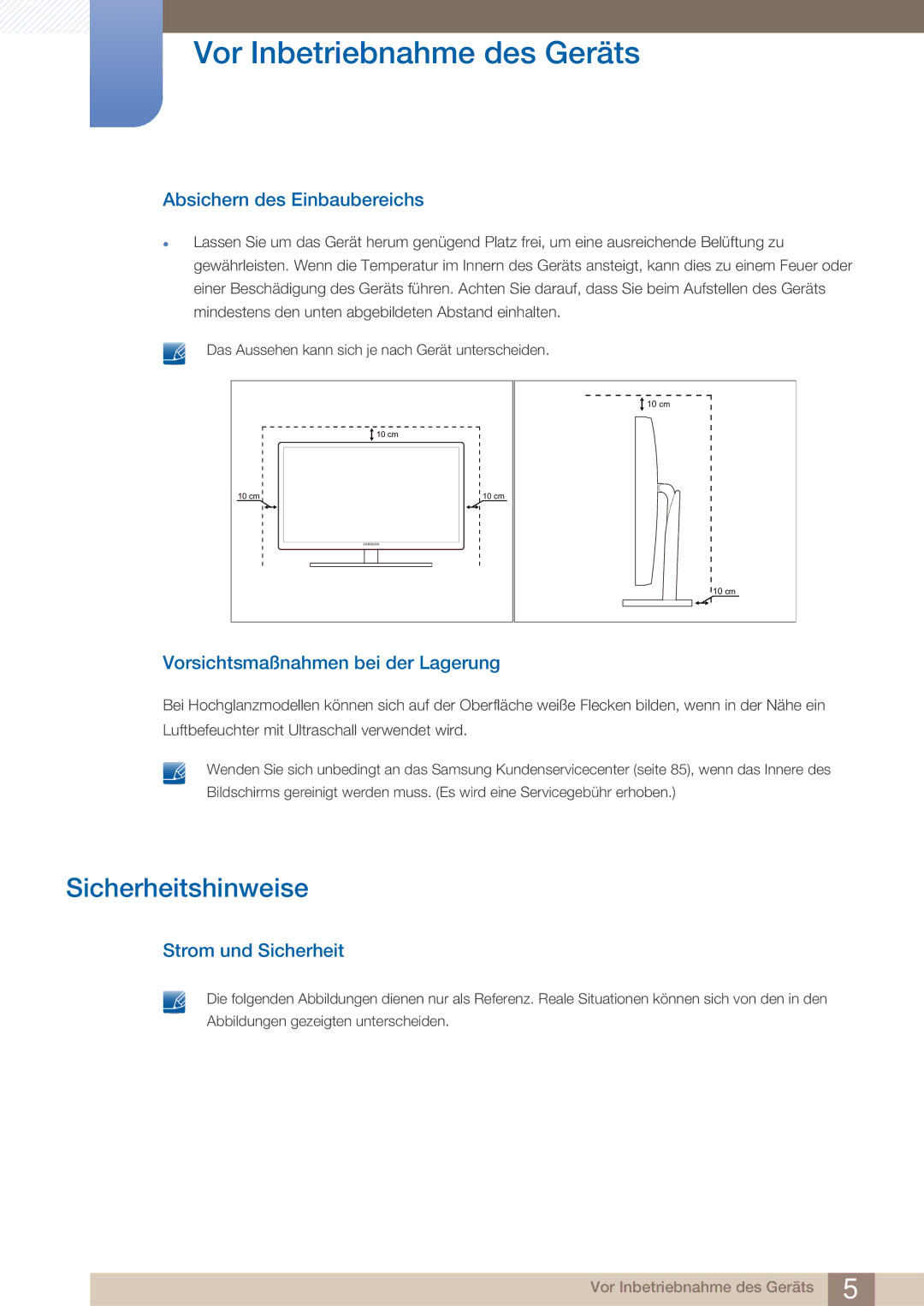 Samsung LS27A750DS/EN manual Sicherheitshinweise, Absichern des Einbaubereichs, Vorsichtsmaßnahmen bei der Lagerung 