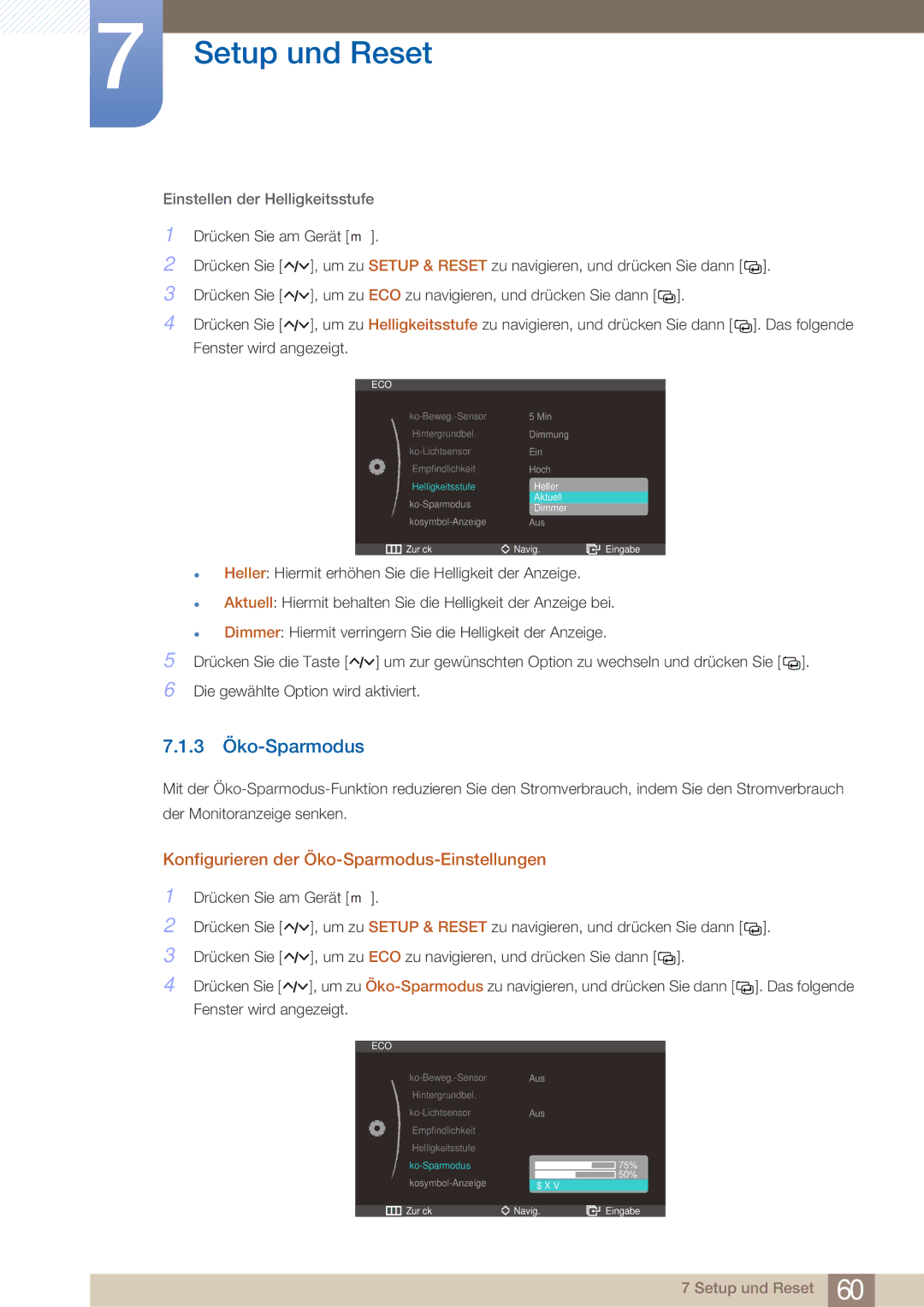 Samsung LS23A750DS/EN, LS27A750DS/EN manual 3 Öko-Sparmodus, Konfigurieren der Öko-Sparmodus-Einstellungen 