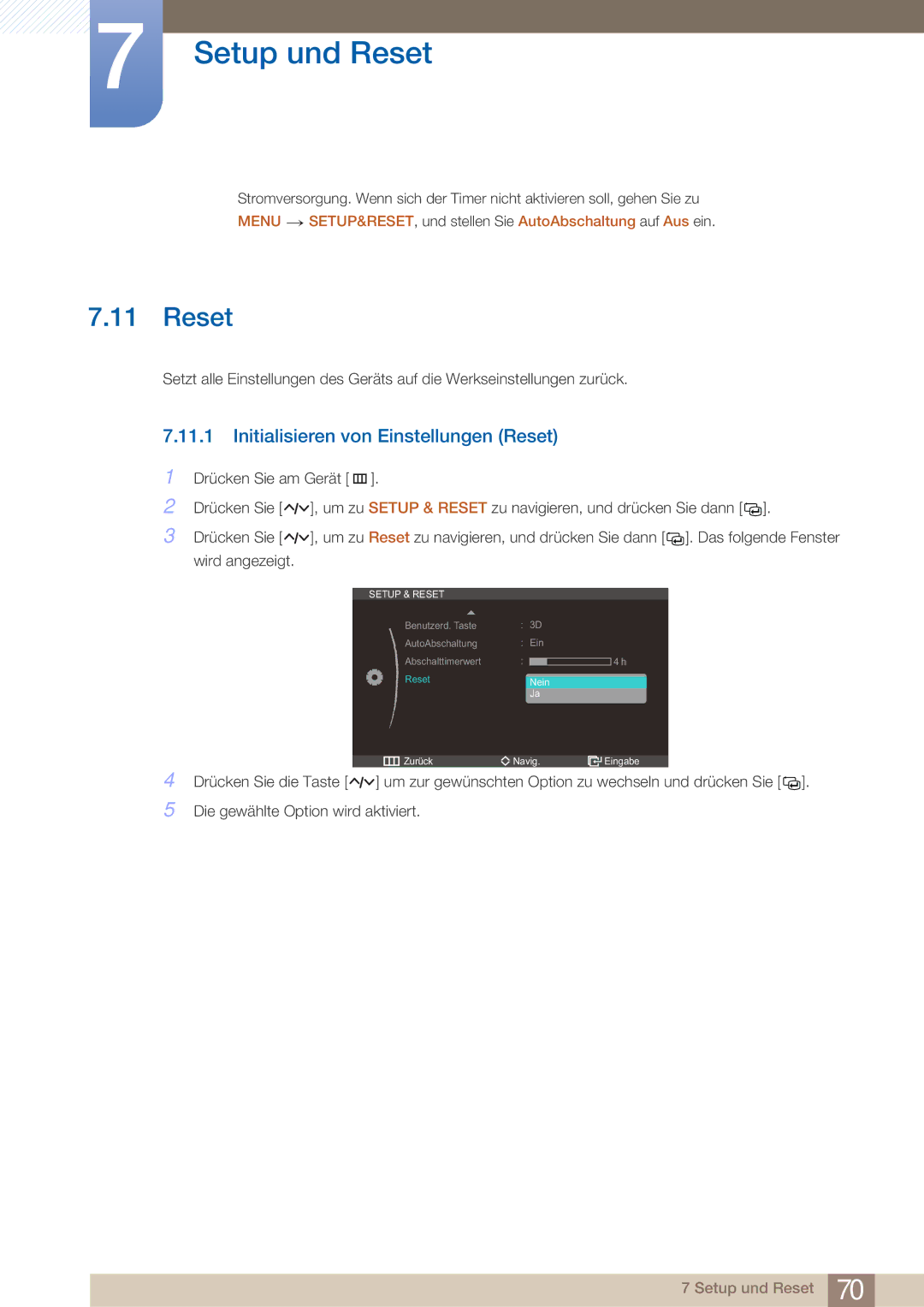 Samsung LS23A750DS/EN, LS27A750DS/EN manual Initialisieren von Einstellungen Reset 