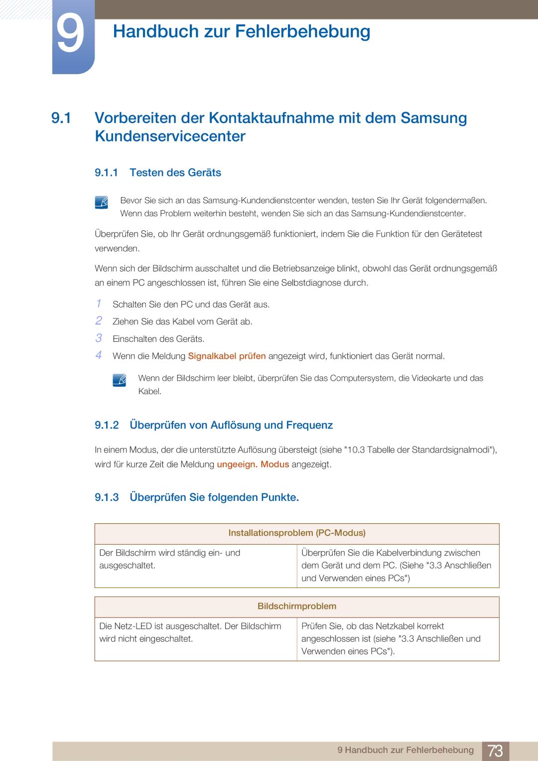 Samsung LS27A750DS/EN manual Handbuch zur Fehlerbehebung, Testen des Geräts, 2 Überprüfen von Auflösung und Frequenz 