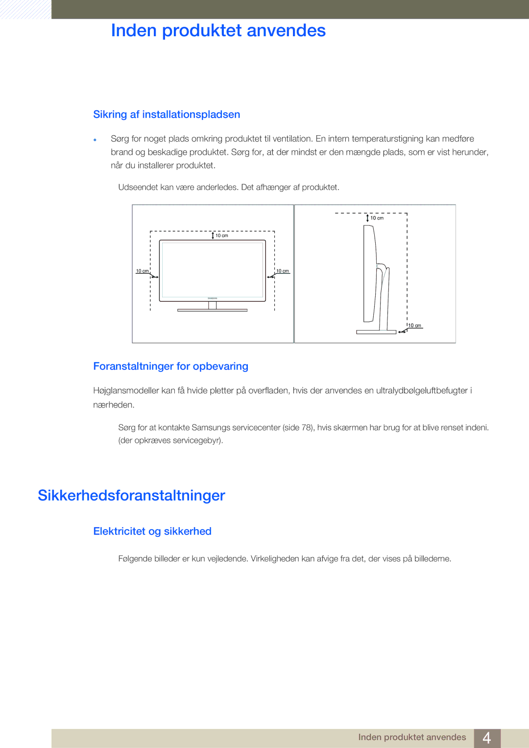 Samsung LS23A750DS/EN manual Sikkerhedsforanstaltninger, Sikring af installationspladsen, Foranstaltninger for opbevaring 