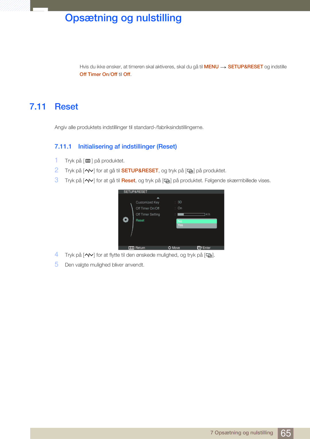 Samsung LS27A750DS/EN, LS23A750DS/EN manual Initialisering af indstillinger Reset 